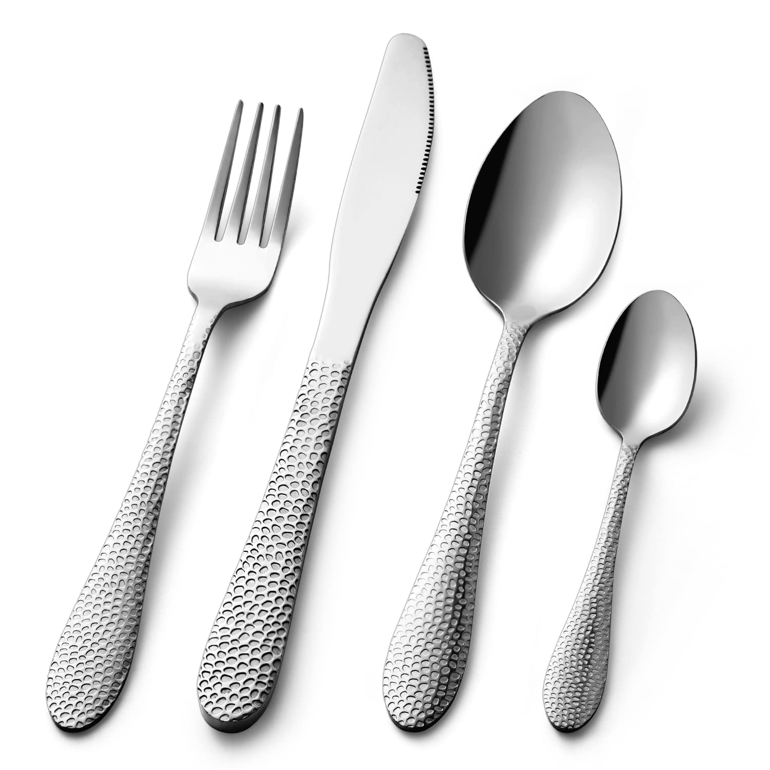 16-Piece Premium Stainless Steel Flatware Set with Hammered Pattern - Knife, Fork & Spoon Set for 4 - Dishwasher Safe Silverware for Dining, Kitchen & Entertaining - Elegant Tableware for Restaurants, Weddings & Dinner Parties