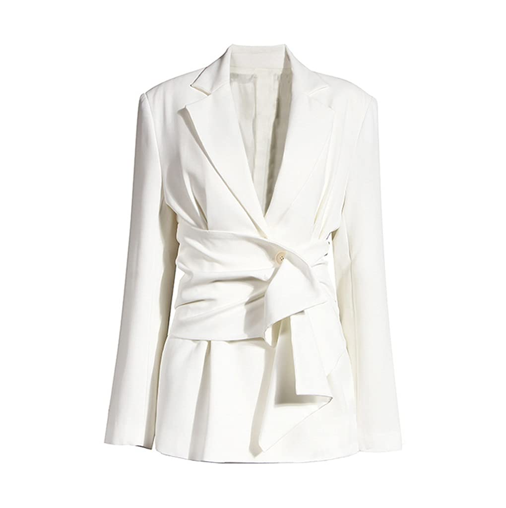 SKREOJF Women's White Knot Split Irregular Blazer - Lapel Long Sleeve Loose Fit Jacket for Spring & Autumn | Office Wear, Casual Outfits, Party Dressing (Color: White, Size: L)
