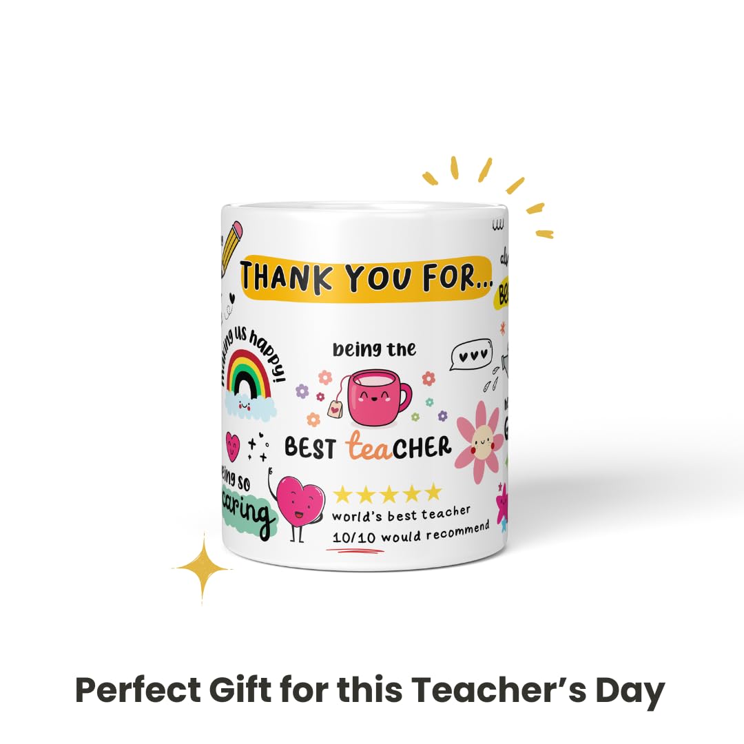 Makrana Art and Craft Thank You Teacher Ceramic Coffee Mug - 11oz Microwave Safe White Gift for Teachers Day, Appreciation, Retirement & Office Use