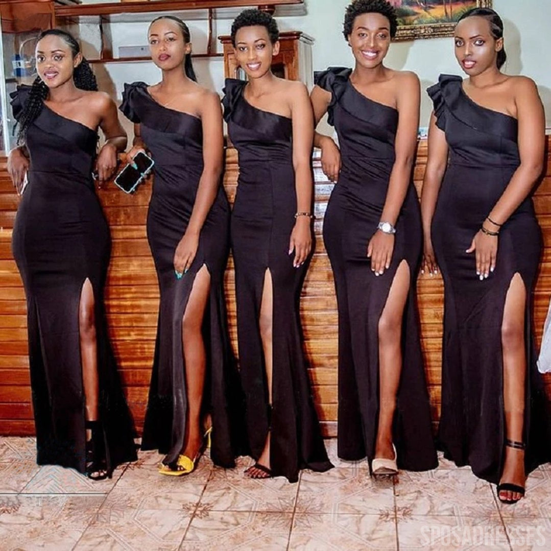Elegant Black One Shoulder Mermaid Bridesmaid Dress with High Slit - Formal Evening Gown for Weddings, Prom & Special Occasions - WG965