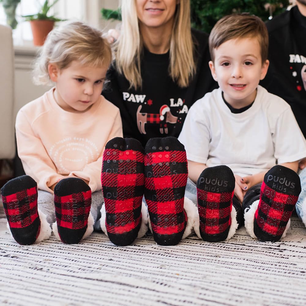 Pudus Kids Warm Cozy Recycled Slipper Socks for Boys & Girls - Soft Winter Socks for Indoor & Outdoor - Non-Slip Children's House Shoes for Playtime & Lounge