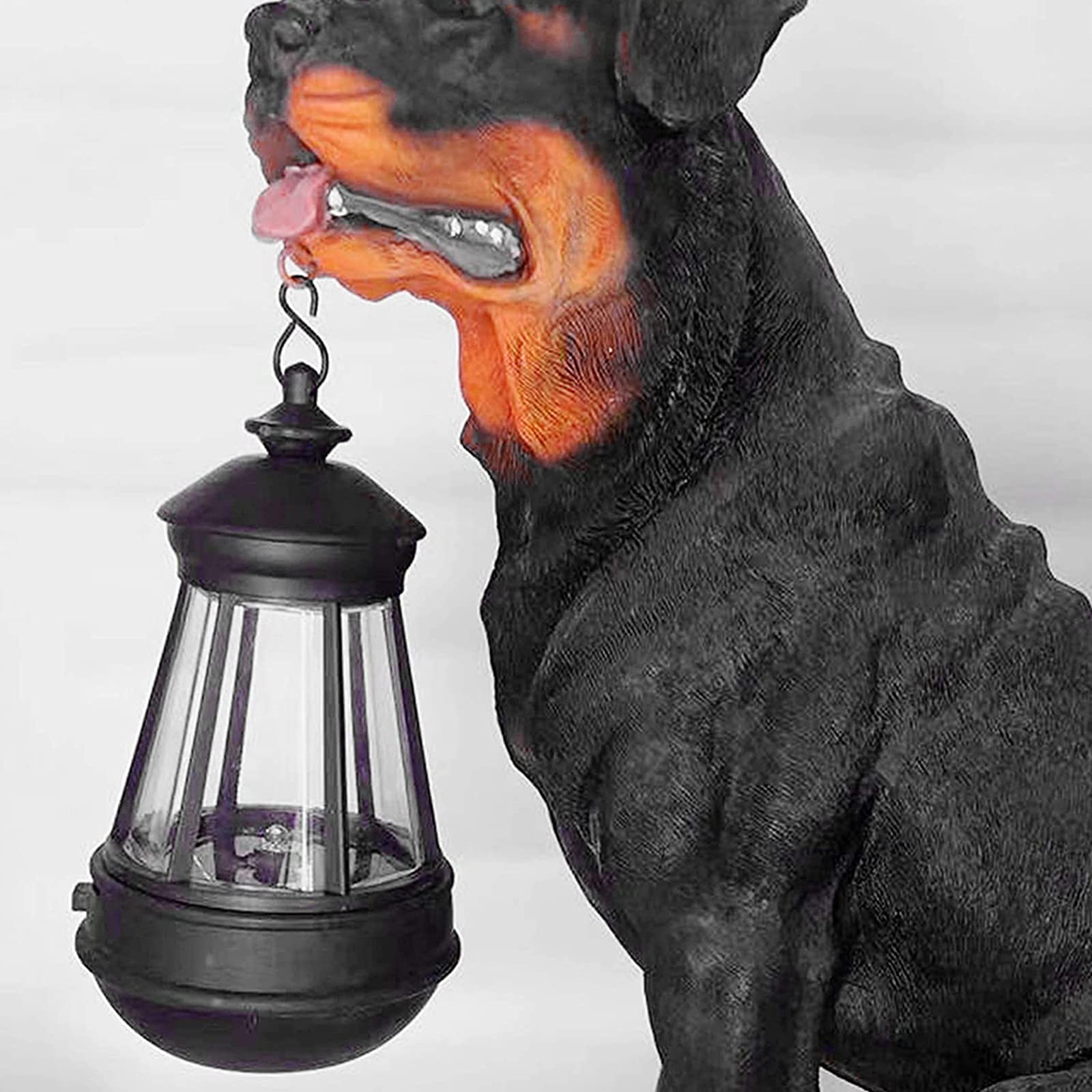 Solar Powered Rottweiler Statue - Outdoor Garden Dog Ornament with Detachable LED Solar Lights Lantern, Weatherproof Resin Decor for Patio, Lawn, Yard & Backyard