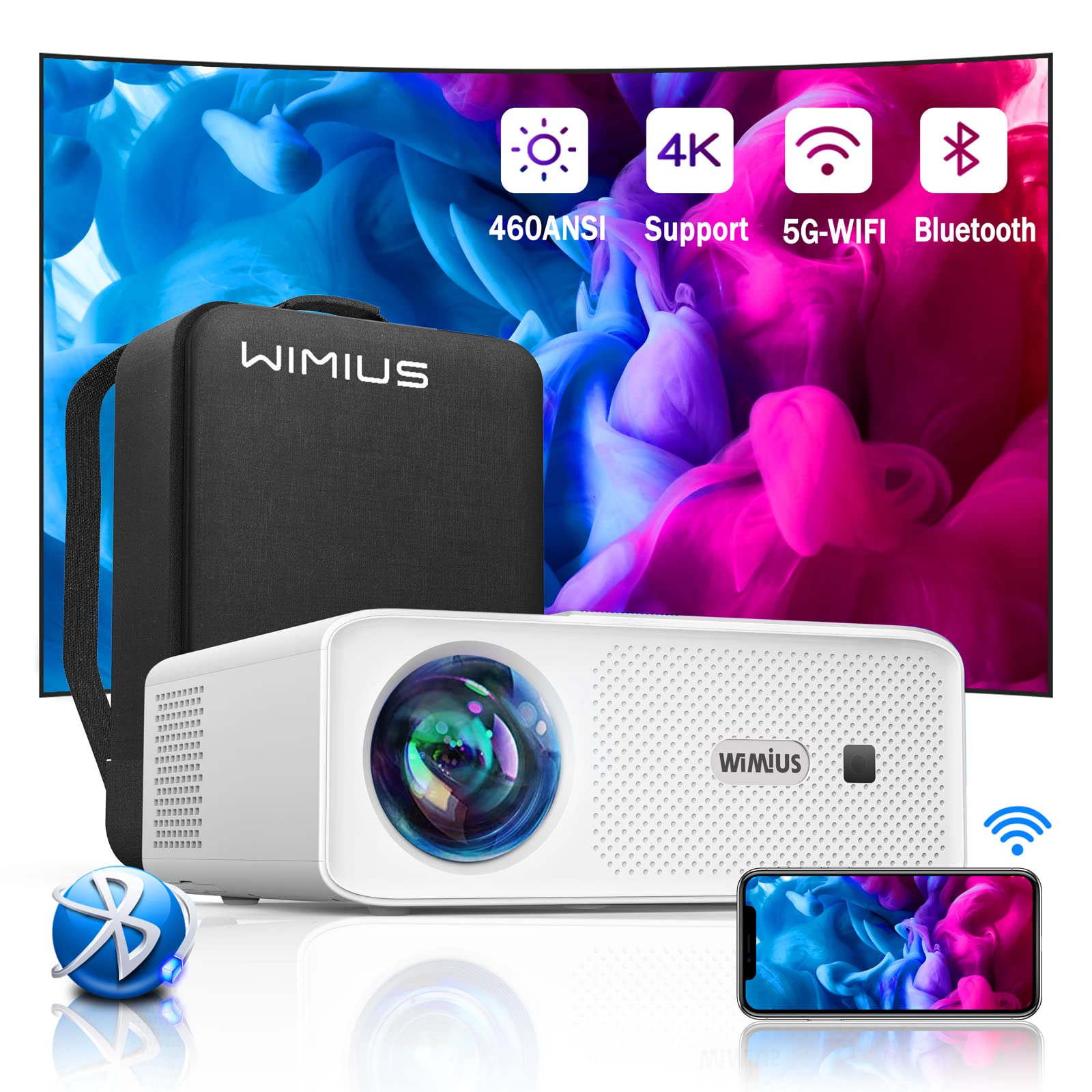 WiMiUS W7 5G WiFi Bluetooth Projector - Native 1080P & 4K Supported, 460 ANSI Lumens Portable Outdoor Movie Projector with 4P/4D Keystone, Zoom, 300