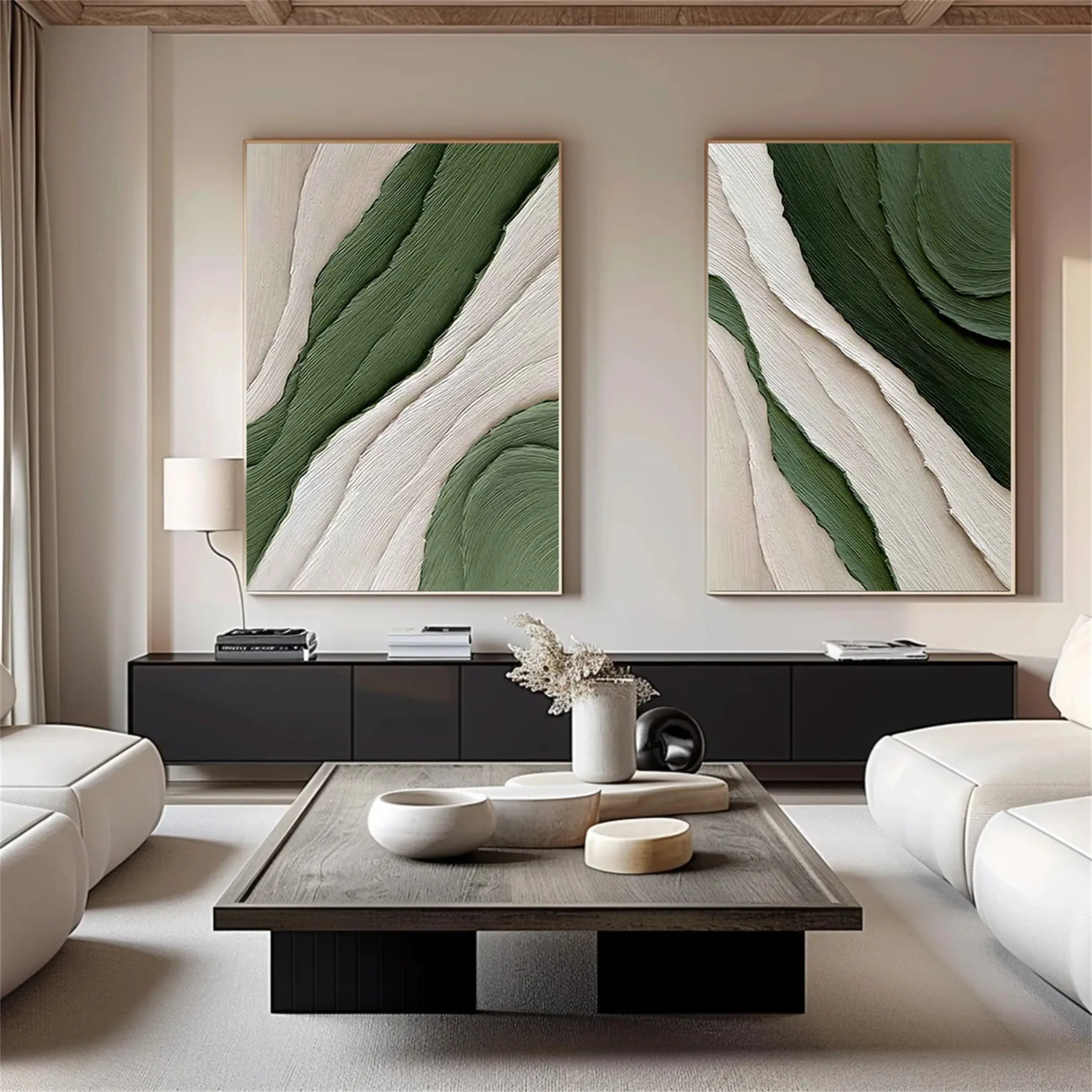 Abstract Blue and Green Wall Art Set of 2 - Modern Canvas Paintings for Living Room, Bedroom & Office Decor #BG047