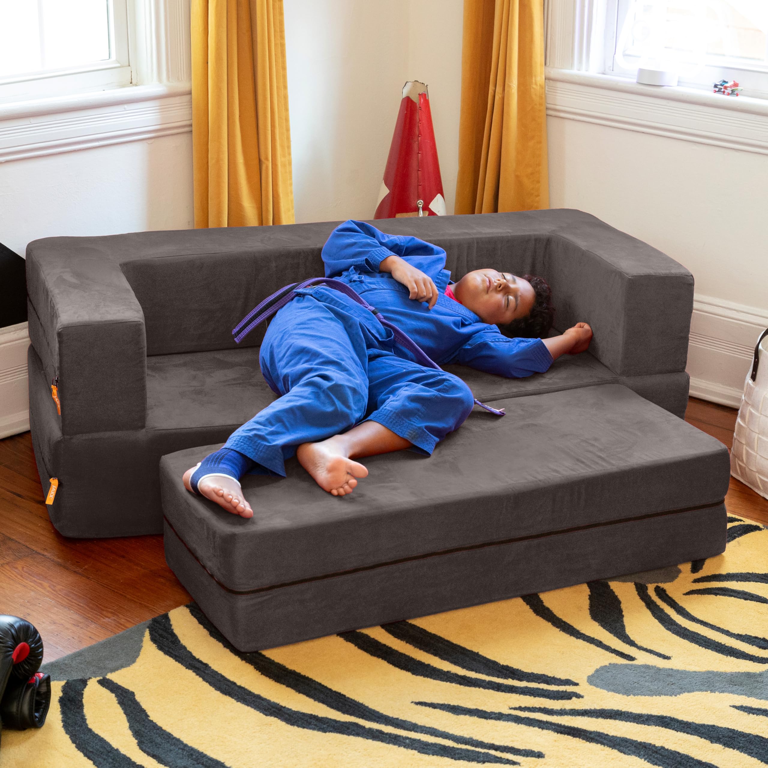 Jaxx Zipline Kids Sofa with Large Ottoman - 3-in-1 Fold Out Convertible Sofa Bed for Big Kids, Charcoal Gray - Perfect for Playrooms, Bedrooms & Sleepovers