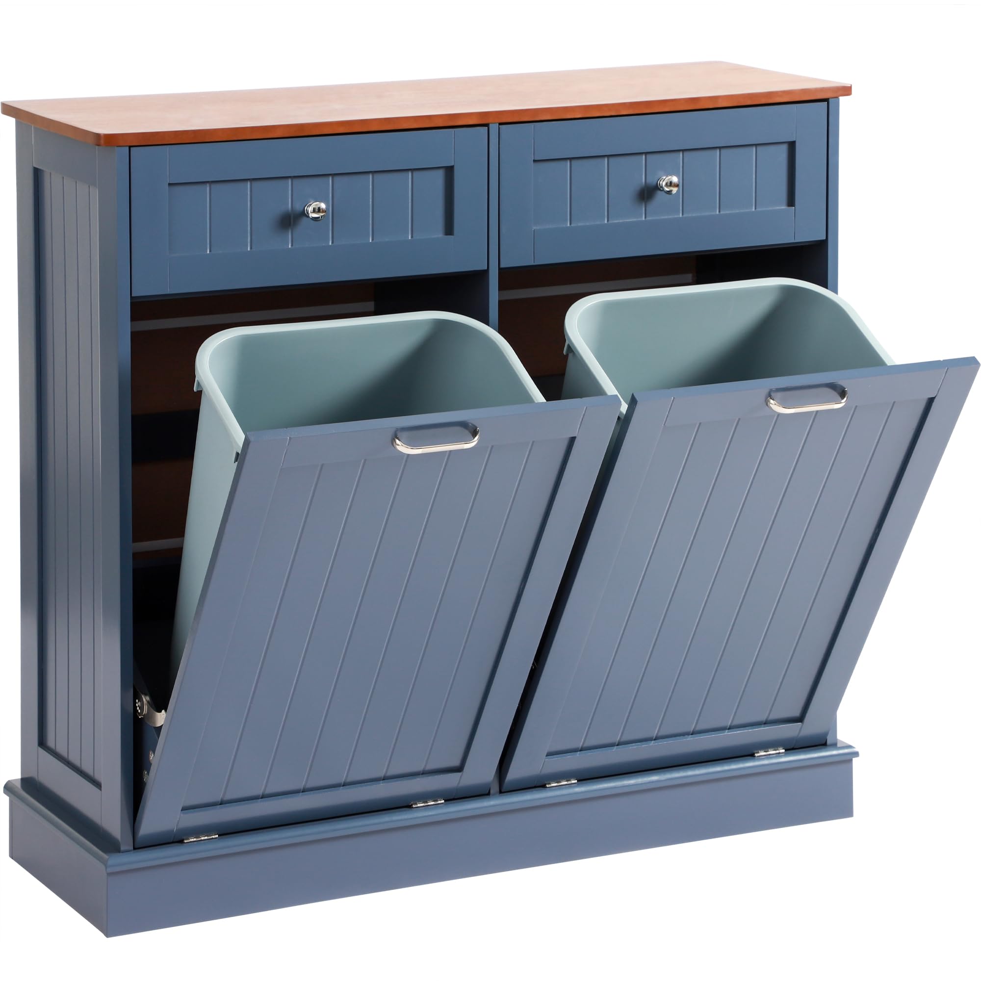 Tilt Out Trash Can Cabinet with Double Hidden Trash Bin Holder - Wooden Free Standing Kitchen Recycling Storage - Dog Proof Trash Can in Blue - Perfect for Small Kitchens, Pantries & Pet-Friendly Homes