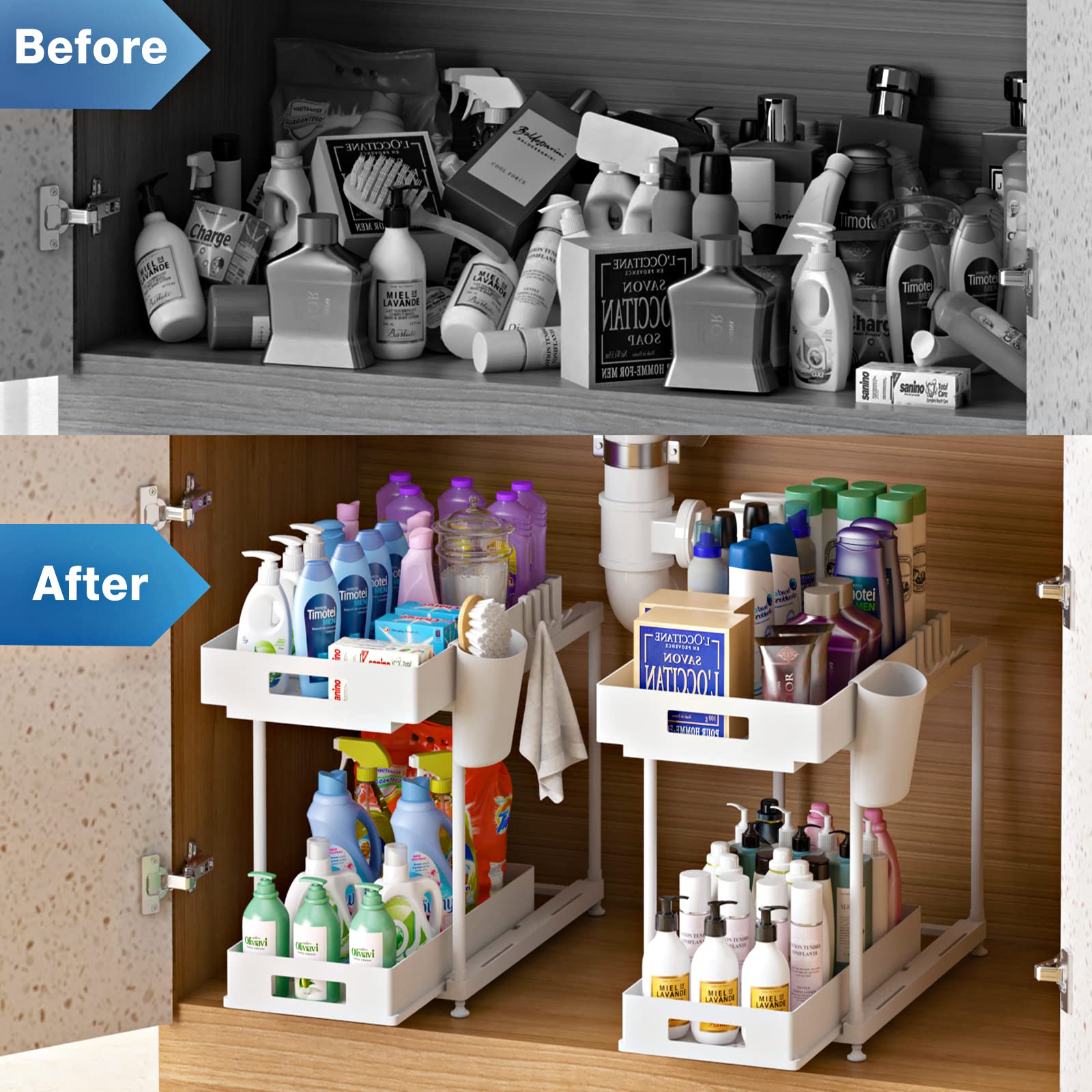 2-Tier Double Sliding Under Sink Organizer with Cup & Hooks - Space Saving Bathroom & Kitchen Cabinet Storage Rack for Home Organization - Perfect for Small Spaces, Apartments & Cluttered Cabinets