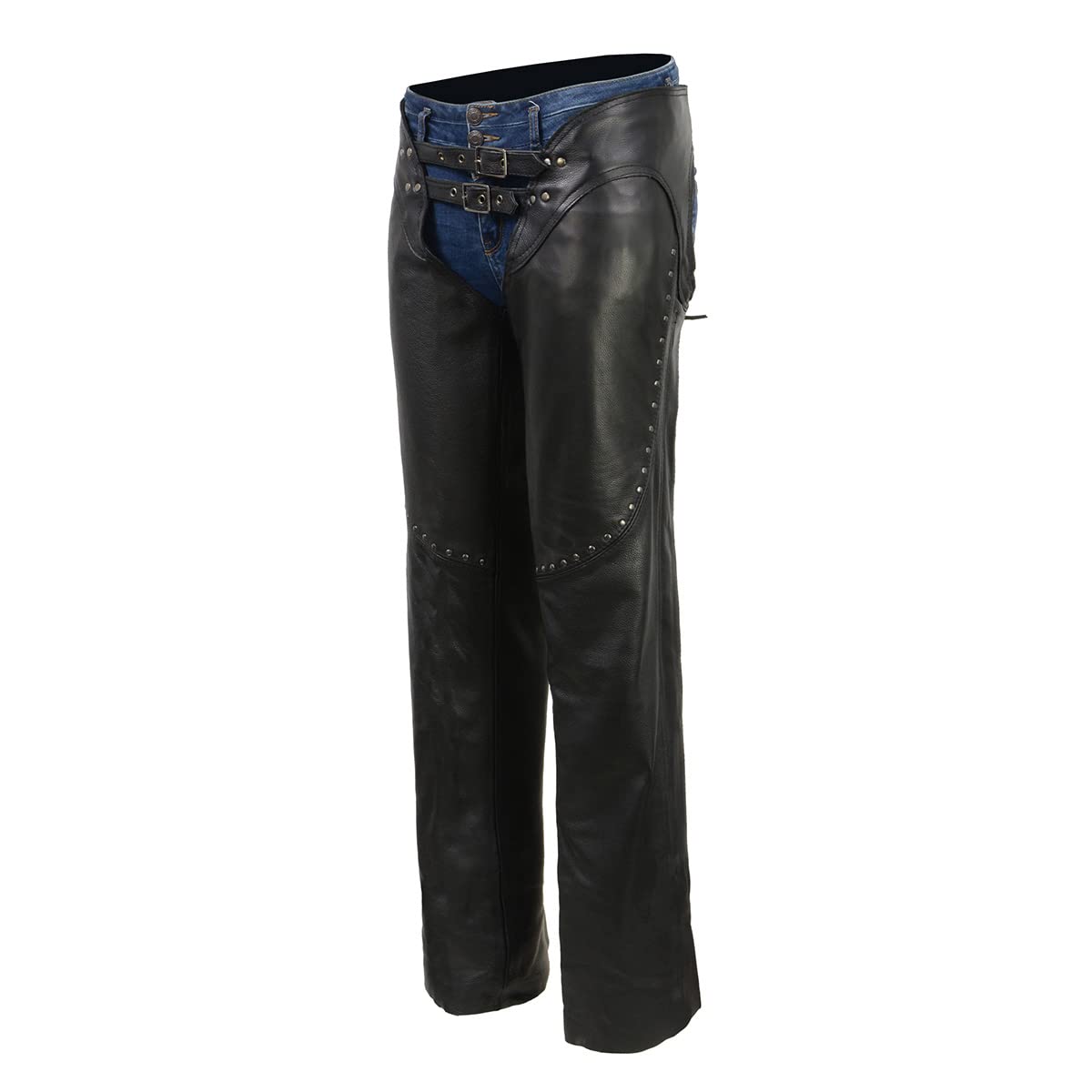 Milwaukee ML1186 Women's Black Low-Rise Waist Motorcycle Leather Chaps with Double Buckle & Rivet Detailing - Perfect for Harley Riding & Biker Events