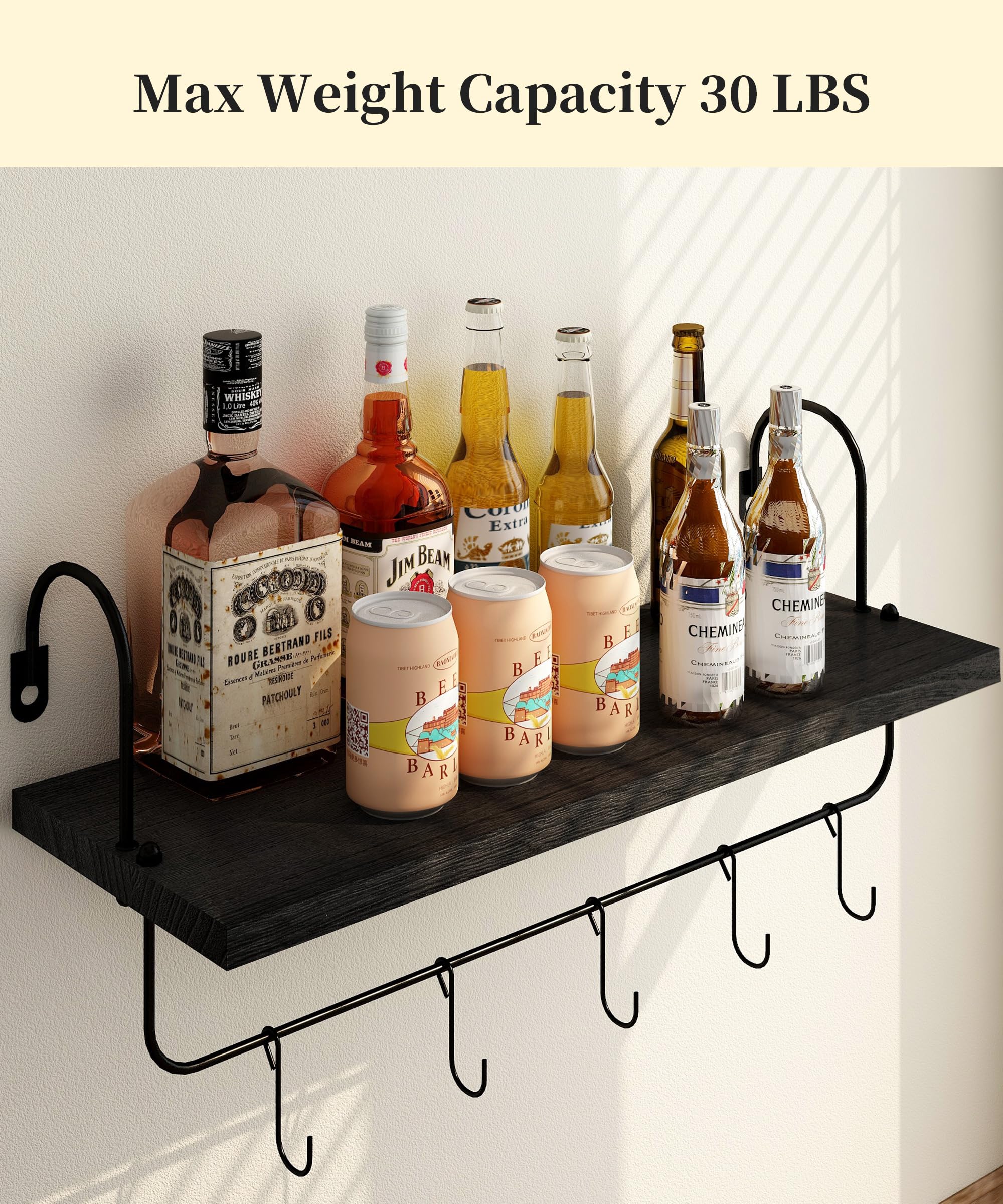 Farmhouse Style Wall Mount Coffee Mug Holder - Rustic Cup Organizer with Hooks for Coffee Pods Storage, Black - Perfect for Kitchen Decor & Coffee Bar Accessories (Ideal for Small Spaces & Coffee Station Organization)