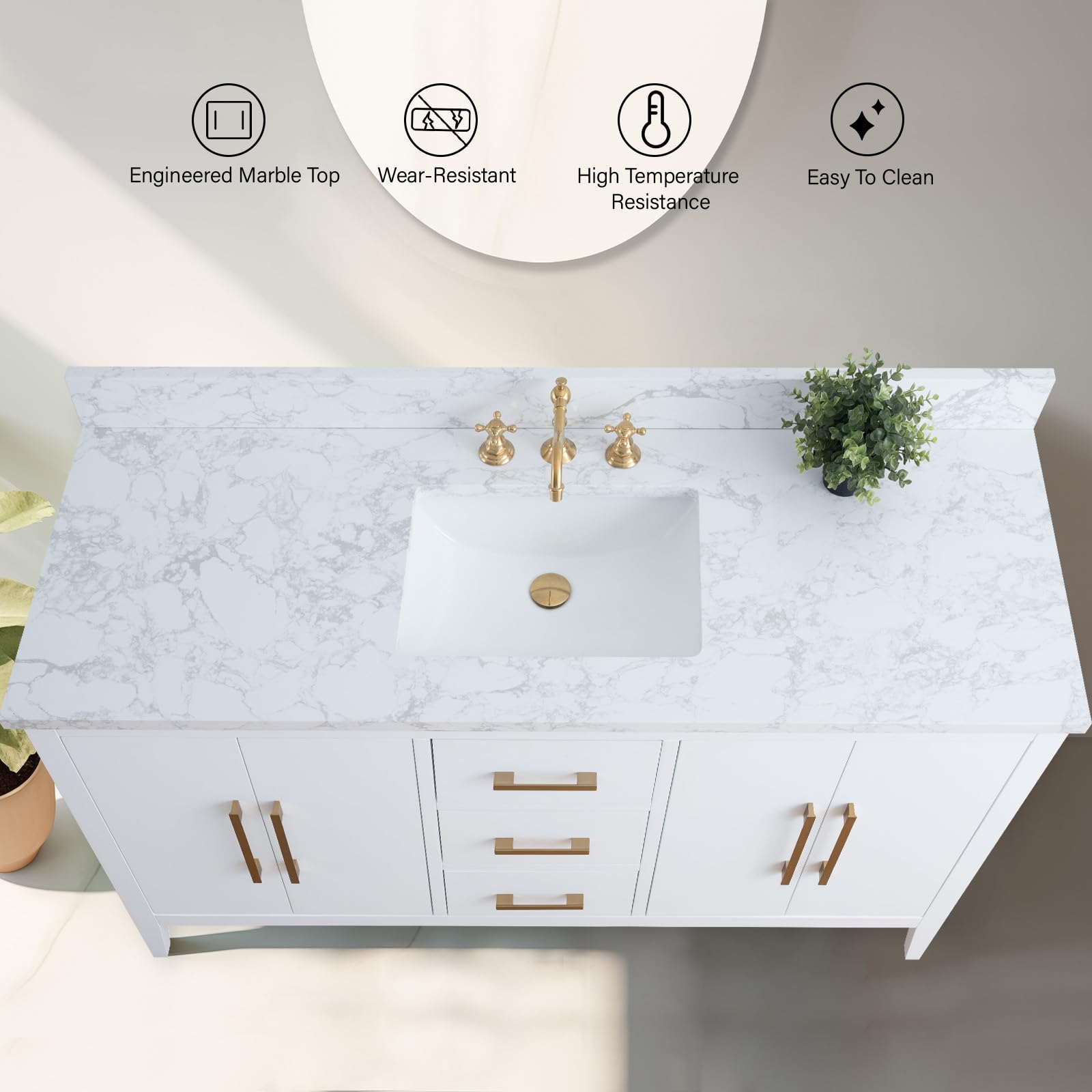 Vanity Art 60 Inch White Bathroom Vanity with Single Sink & Ceramic Top - Soft-Closing Doors, Drawers, Solid Wood Frame (VA9060-SW-MB1) | Perfect for Modern Bathrooms, Master Suites & Home Renovations