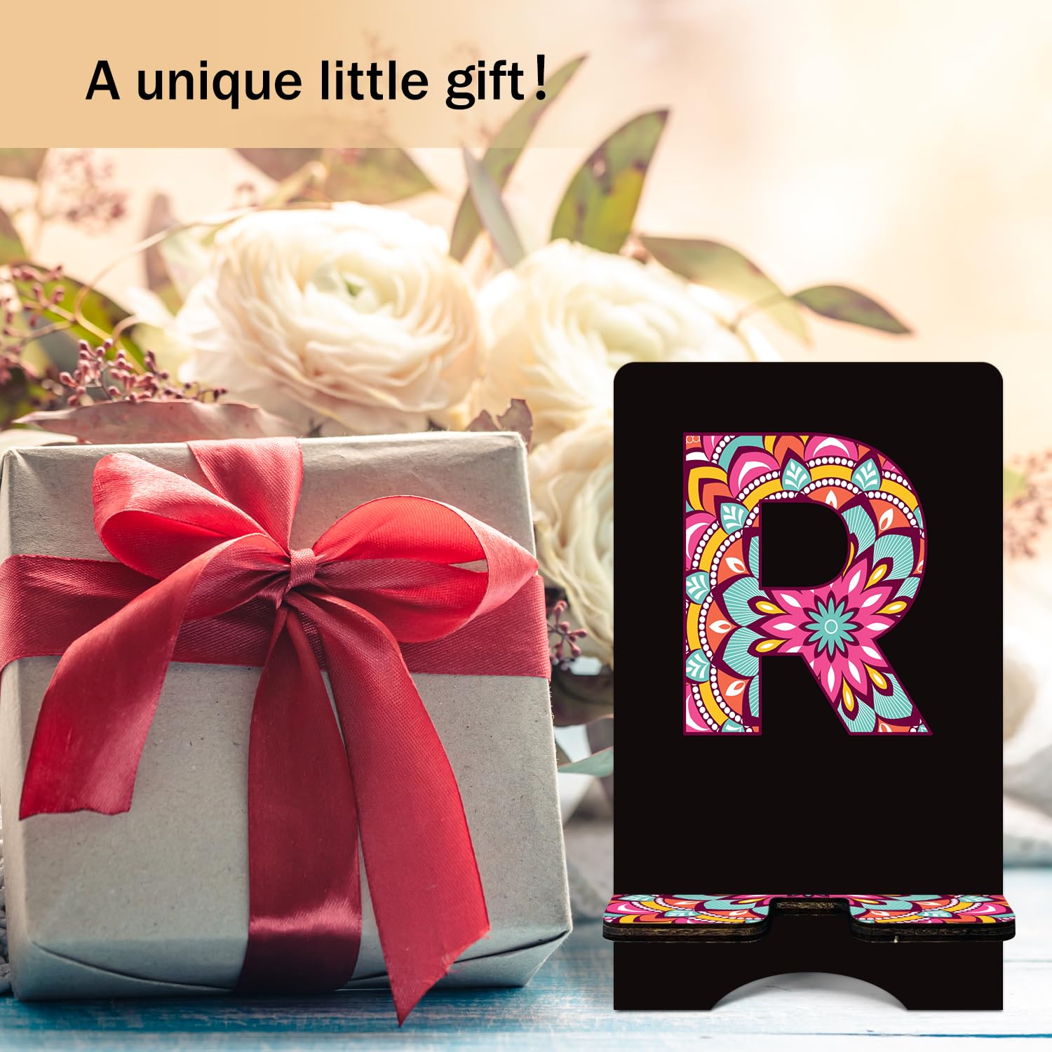 Personalized Initial Wooden Phone Stand - Universal Desk & Office Cell Phone Holder with Charging Hole for All Smartphones & Tablets | Perfect for Home, Office, and Travel Use