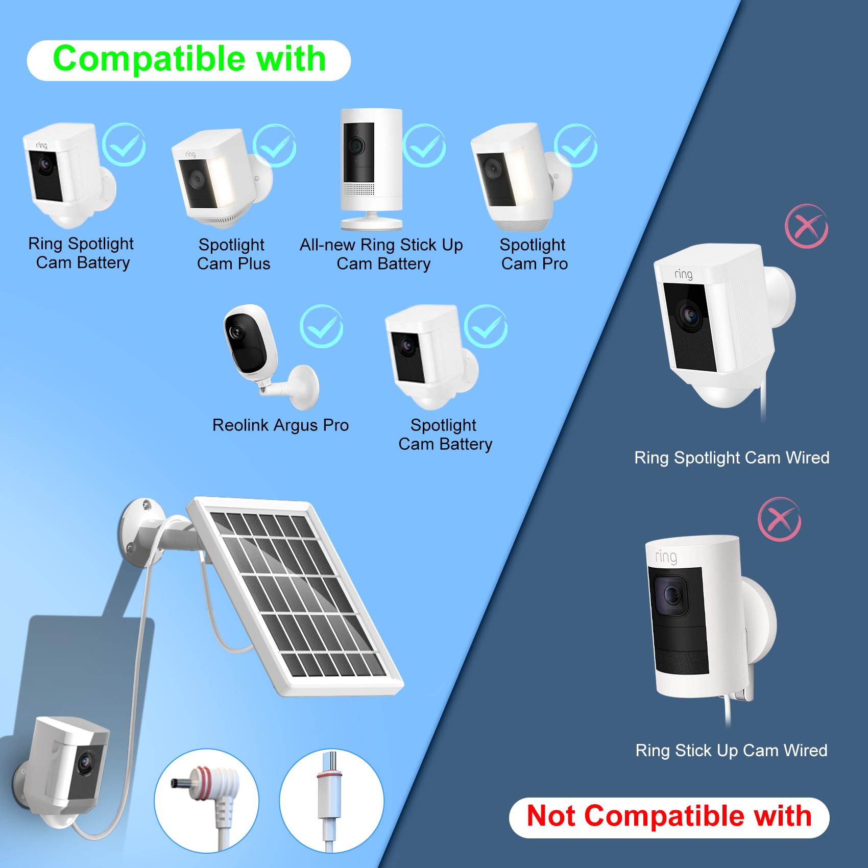 6V 3W Solar Panel for Ring Camera - Compatible with Ring Spotlight Cam Plus/Pro/Battery & Stick Up Cam Battery - 13.1Ft Fast Charging Cable with USB-C & DC3.5mm Ports - Outdoor Security Camera Solar Charger for Home Surveillance & Weatherproof Protection