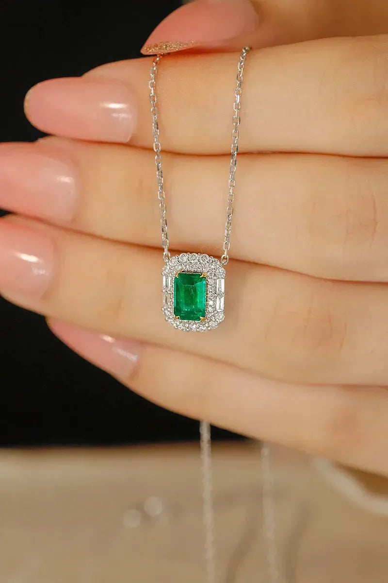18K White & Yellow Gold Necklace with Real Diamond & Natural Emerald Gemstone - Classic Wedding Jewelry Set for Women | Elegant Bridal Gift, Anniversary Present, Valentine's Day Jewelry