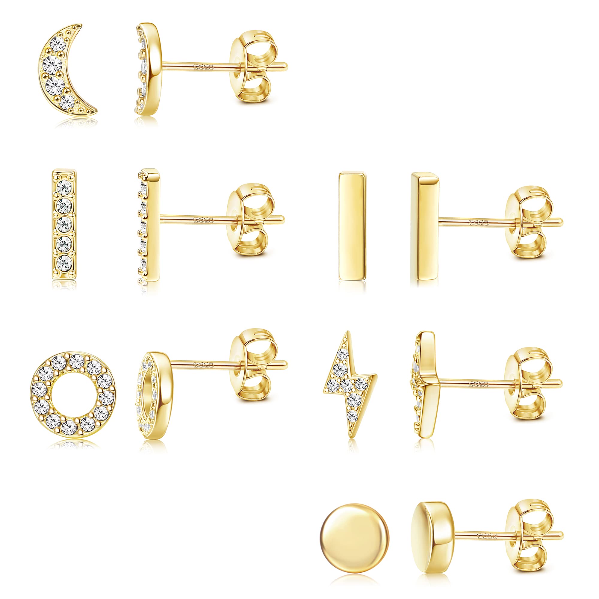 Hayoso 6 Pairs Sterling Silver Stud Earrings Set - Hypoallergenic CZ Circle, Bar & Lightning Bolt Earrings - White Gold Plated Tiny Cartilage Studs for Women - Perfect for Daily Wear, Gifts & Special Occasions