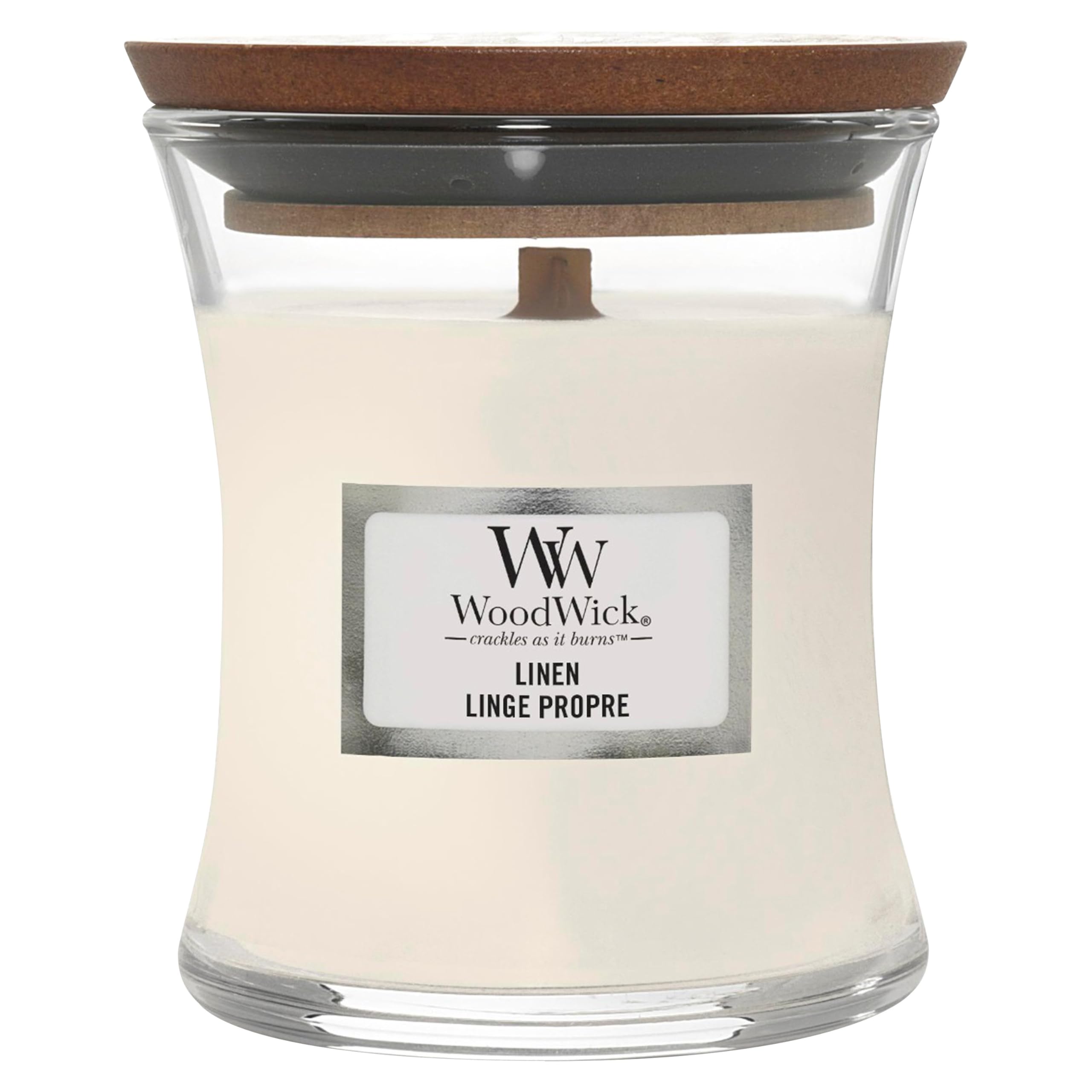 Woodwick Candle Small Linen Scented Soy Wax Candle - Long Lasting Aromatherapy for Home, Bedroom & Bathroom Relaxation