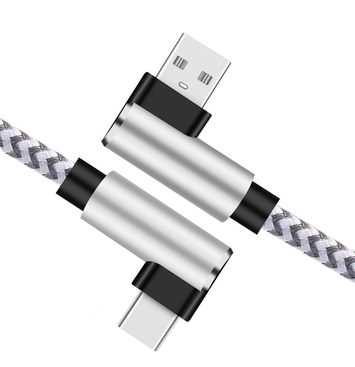 90 Degree Right Angle USB C Cable 6FT - 2 Pack Braided Fast Charging & Sync Cable for Samsung Galaxy S20/S10/S9/S8/Note 10/9, LG, Google Pixel - Silver Gray (Perfect for Bedside Charging & Car Use)