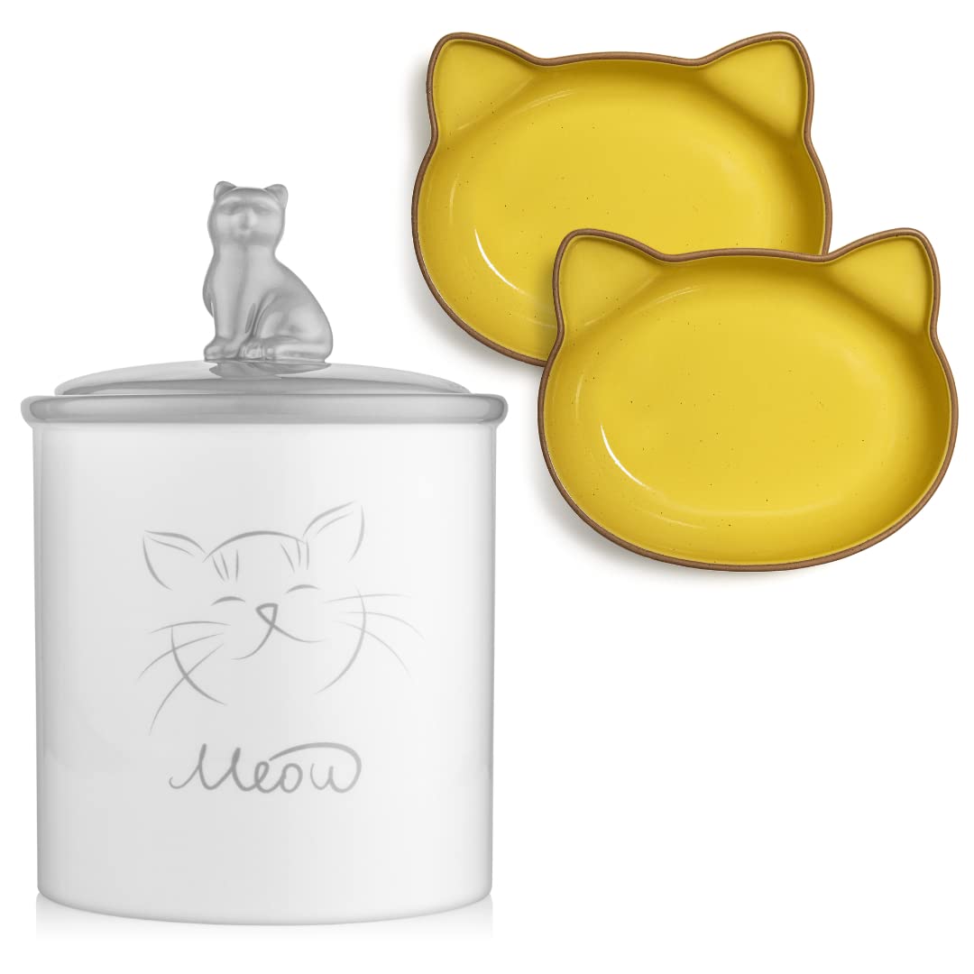 Ceramic Cat Food Jar with 2 Large Cat-Shaped Bowls - Perfect Pet Feeding Set for Cats | Durable & Stylish Cat Bowl Combo for Dry & Wet Food | Ideal for Home, Kitchen, or Gift