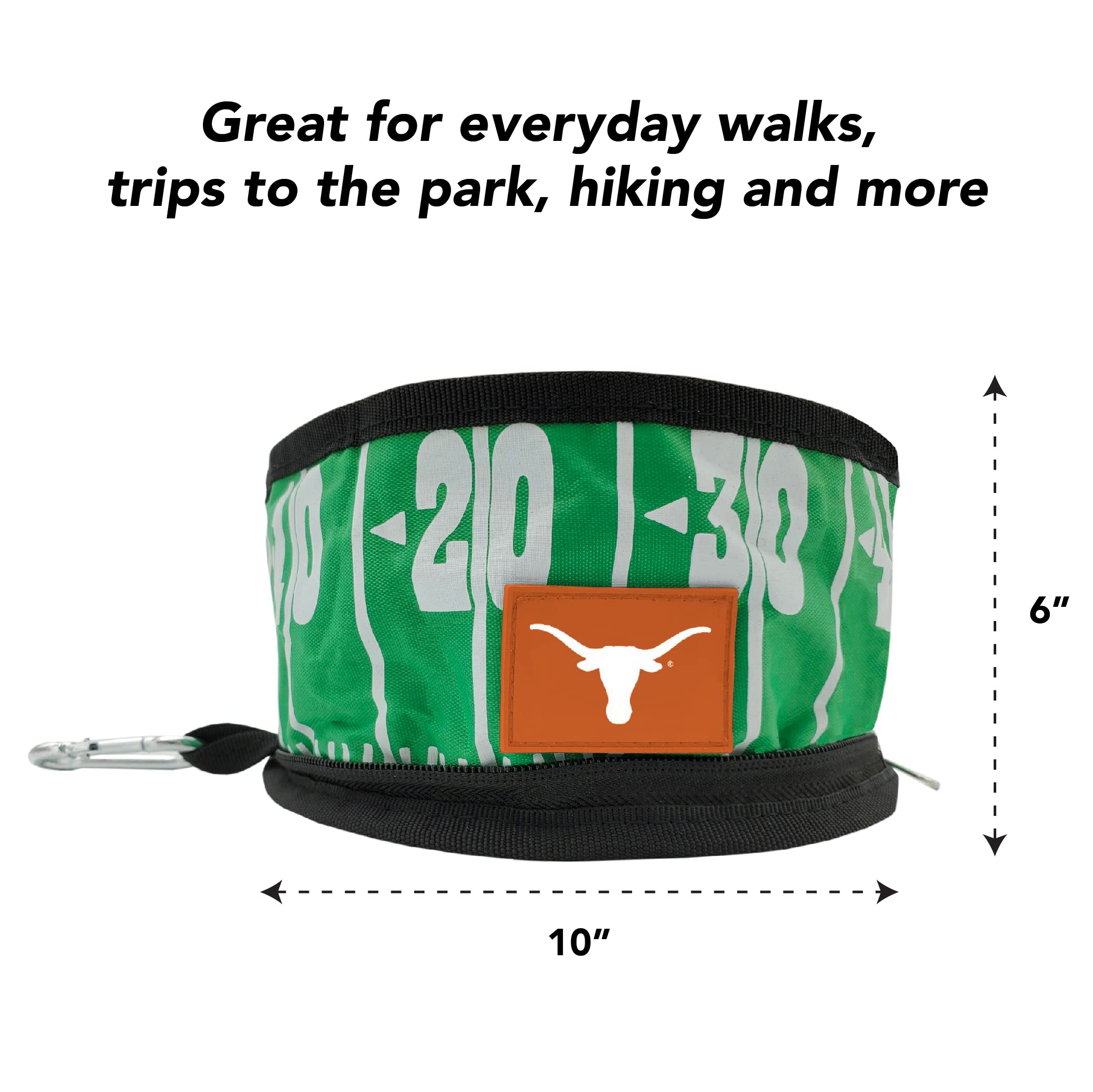 Texas Longhorns NCAA Collapsible Dog Travel Bowl - Portable Leak-Proof Pet Food & Water Dish for Dogs & Cats - Lightweight Football Field Design for Camping, Hiking & Road Trips