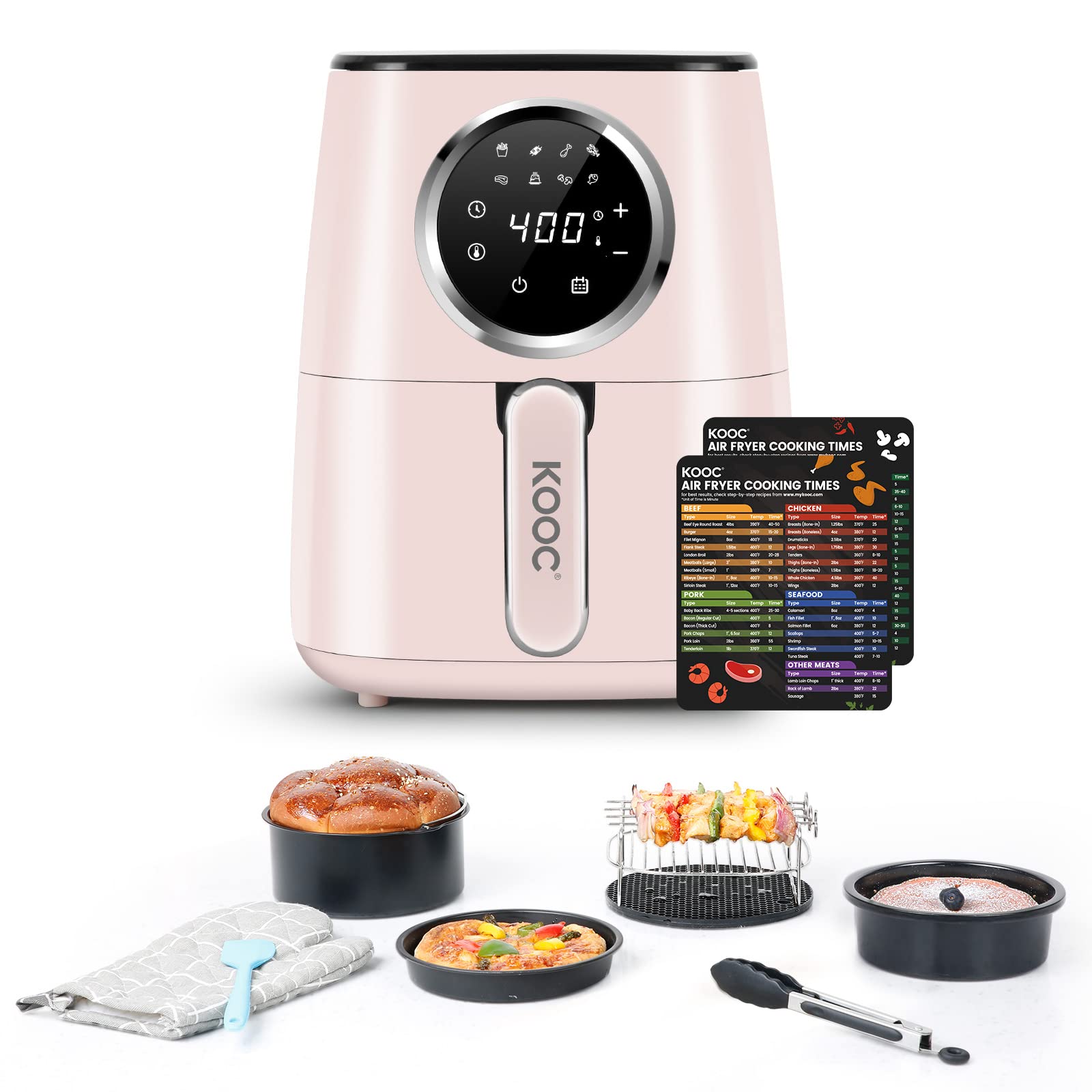 BUDDY GROUP KOOC 4.5 Quart Large Air Fryer with Accessories - 8-in-1 Electric Hot Air Oven Cooker with LED Touch Screen, Nonstick Basket & Cheat Sheet - Perfect for Healthy Frying, Baking, Roasting - Ideal for Family Meals, Snacks & Meal Prep (Pink)