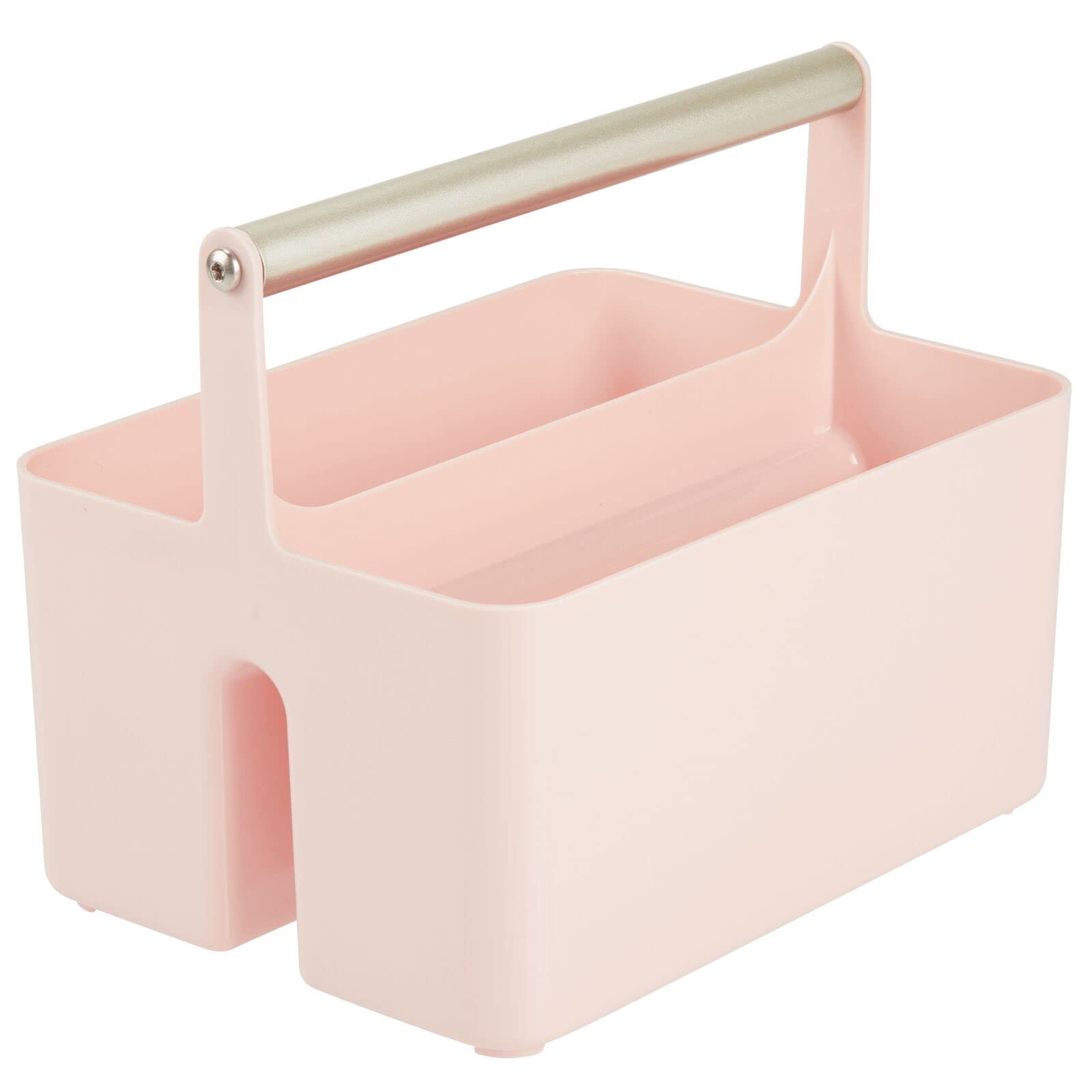 mDesign Plastic Shower Caddy Organizer with Metal Handle - Bathroom Storage Basket for Soap, Shampoo & Conditioner - Aura Collection in Light Pink/Satin - Perfect for Bathroom, Dorm & Kitchen Organization
