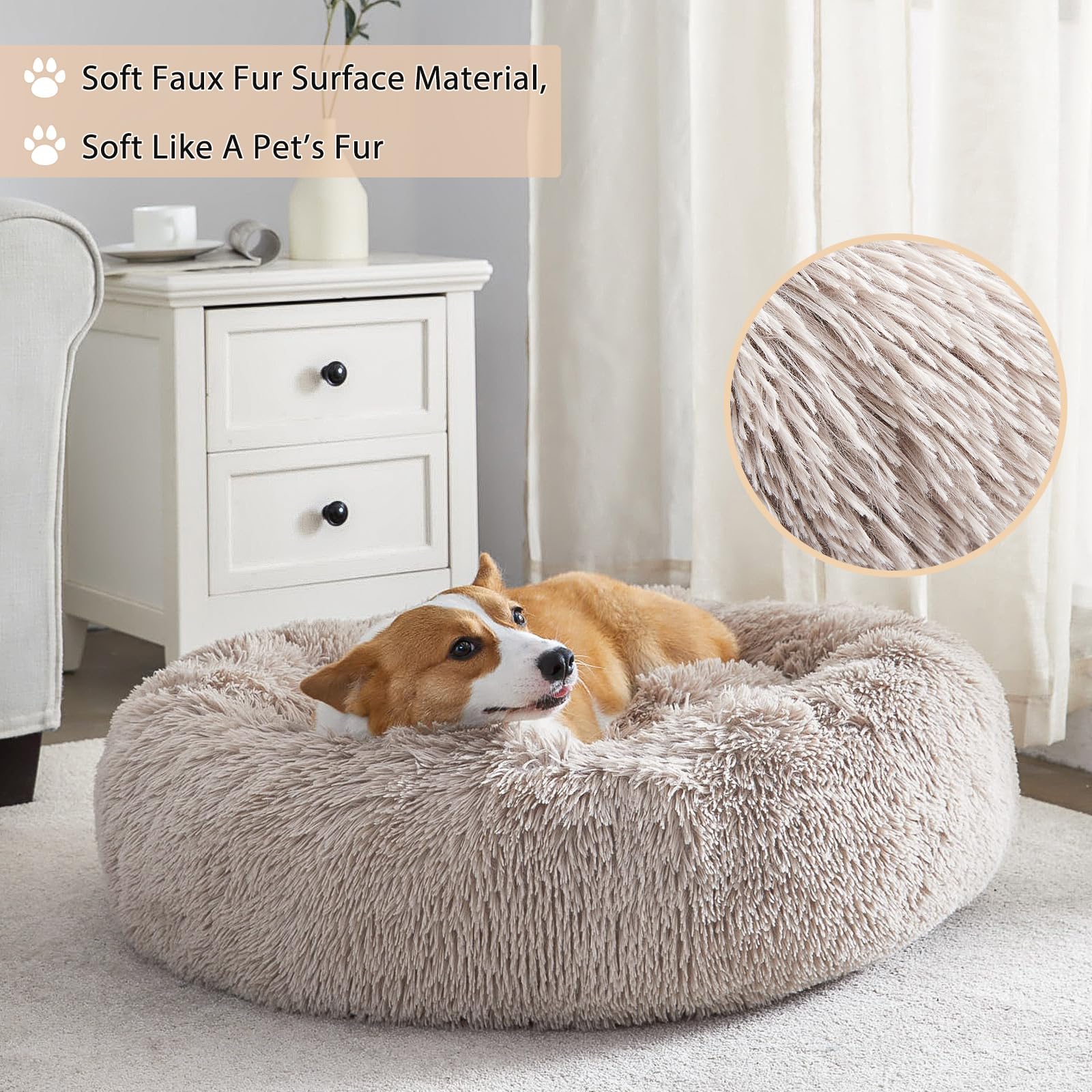 WNPETHOME Self-Warming Donut Pet Bed for Dogs & Cats - 30 x 30 x 10 Inch Plush Round Faux Fur Cuddler Bed, Calming Comfort for Anxious Pets (Brown) - Perfect for Crate Training, Lounging & Stress Relief