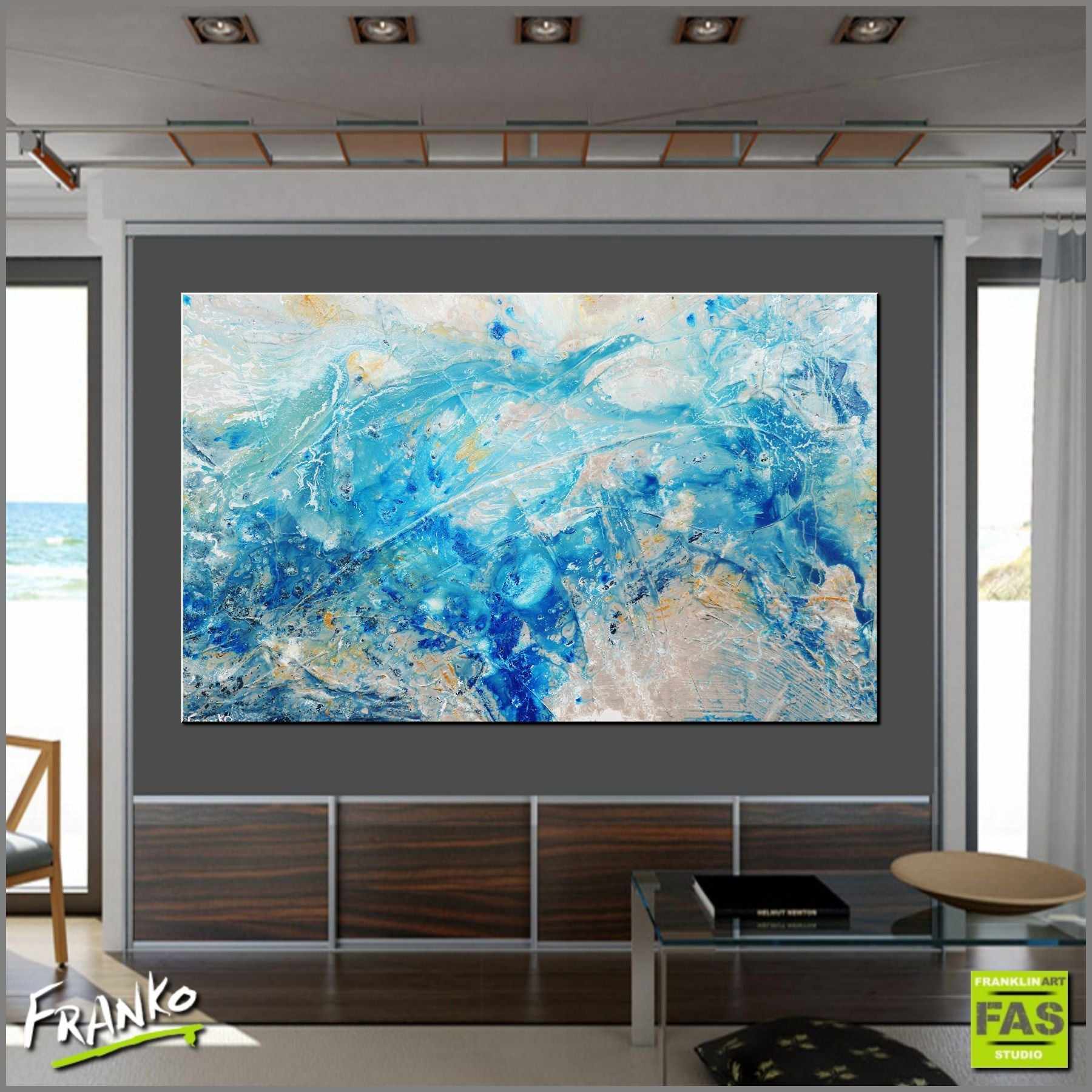 Oceanic Reef 160cm x 100cm Blue and Cream Abstract Canvas Wall Art - Modern Home Decor for Living Room, Bedroom & Office