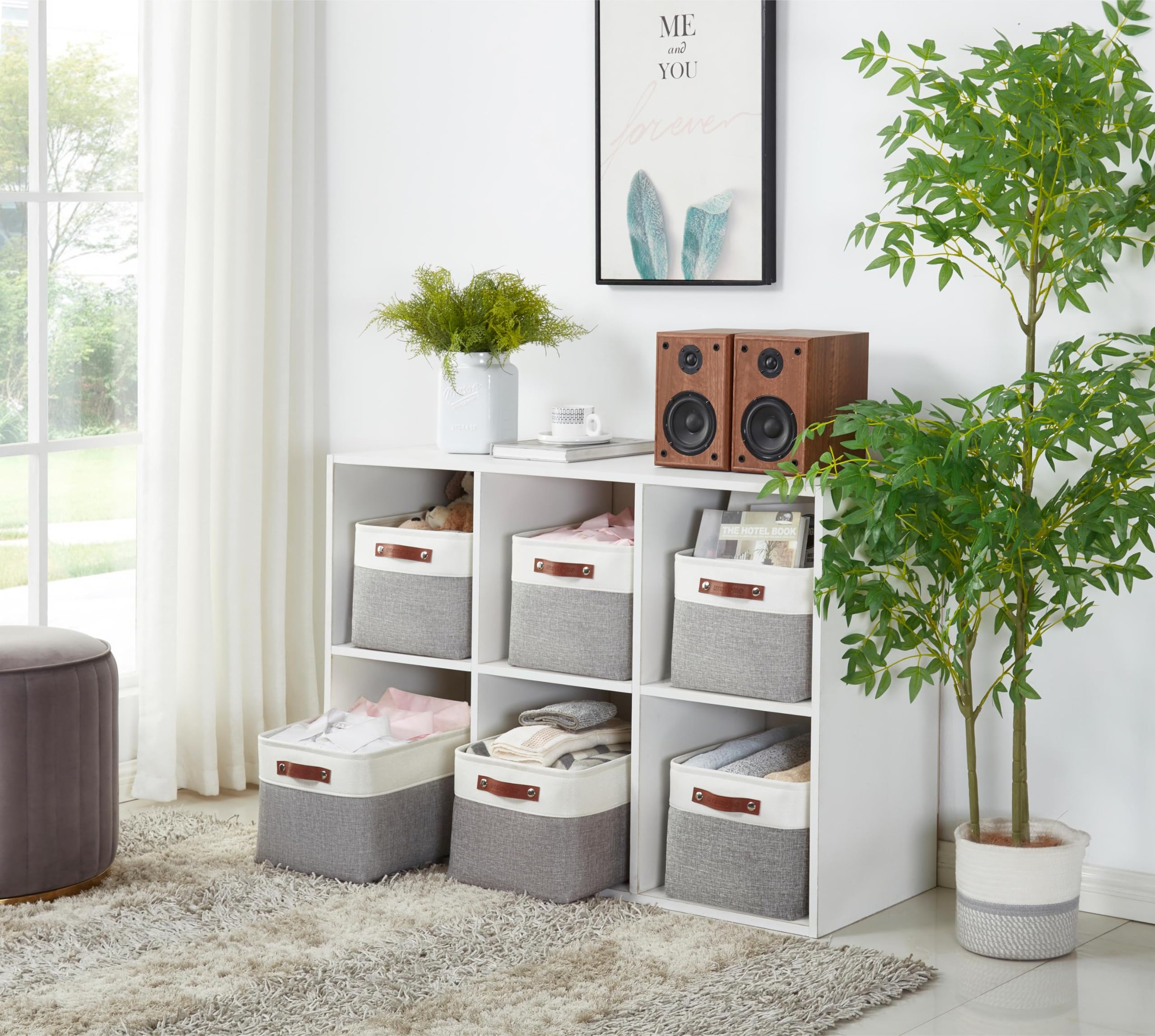 DECOMOMO Fabric Storage Bins - Large 4-Pack Grey & White Storage Baskets for Shelves, Closet Organization, Nursery, Toys | Perfect for Home, Office, Kids Room & Playroom Storage Solutions