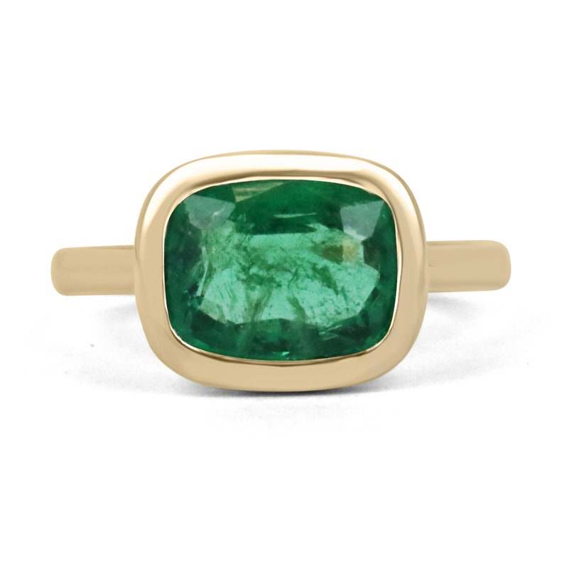 3.48ct Vivid Green East-West Emerald Engagement Ring in 18K Gold - Bezel Set Cushion Cut for Unique Style | Perfect for Proposal, Anniversary & Special Occasions
