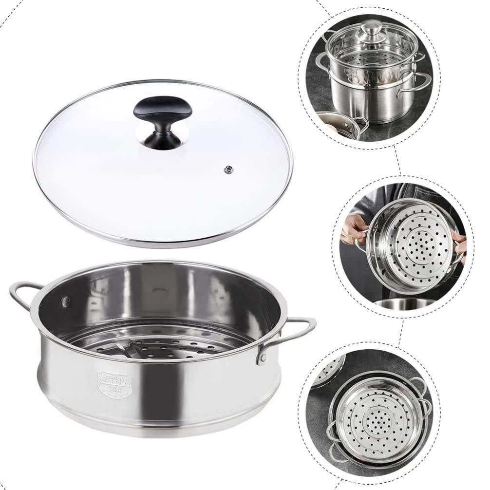 **Stainless Steel Stackable Dumpling Steamer Pot - Double Ear Steamer Basket for Soup, Vegetables & Glass Lid - Perfect for Asian Cooking, Dim Sum & Healthy Meals**