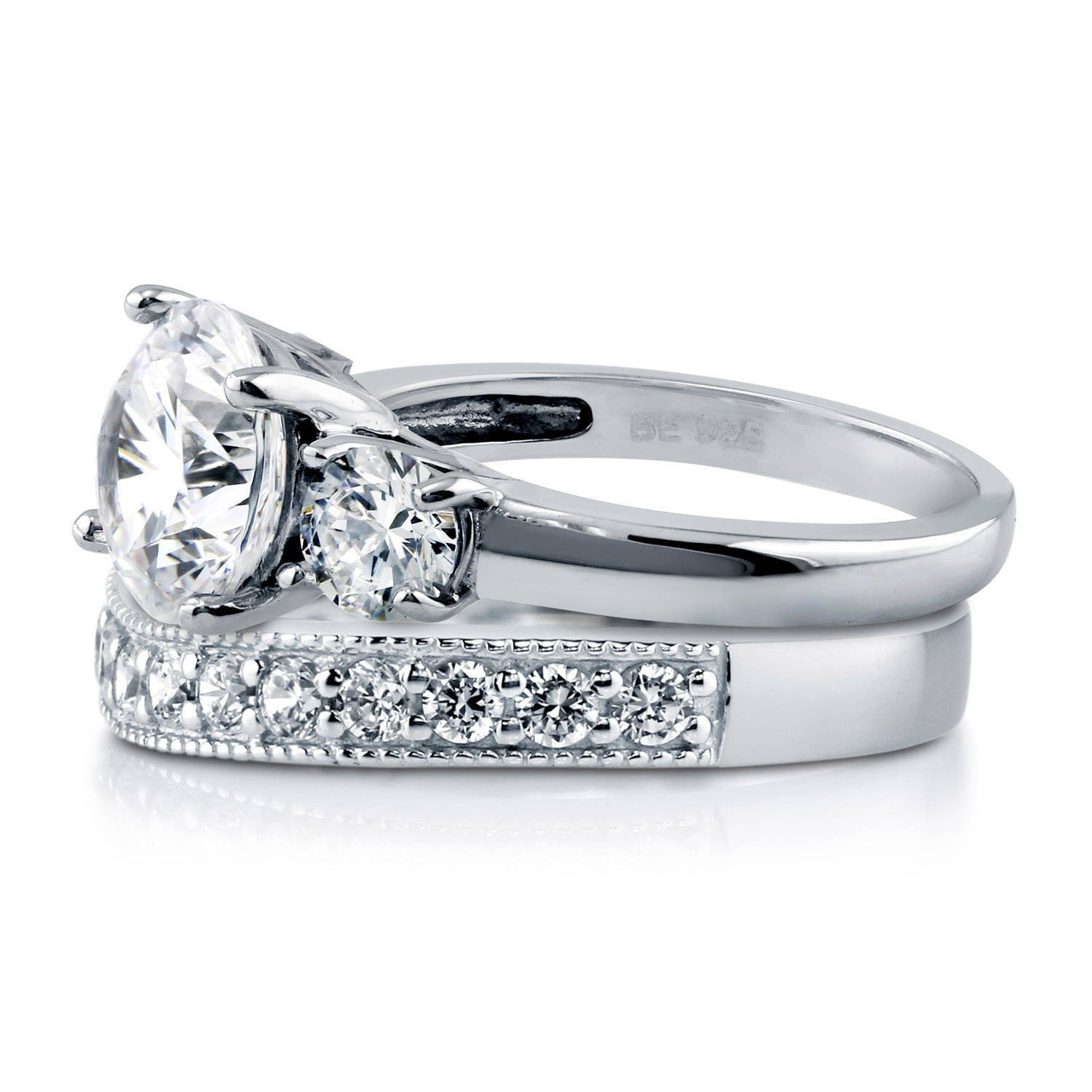 BERRICLE Sterling Silver 3-Stone Wedding & Engagement Ring Set - 2.4 Carat Round Cut Cubic Zirconia CZ Rings for Women, Rhodium Plated, Size 4-10 - Perfect for Proposals, Anniversaries & Special Occasions