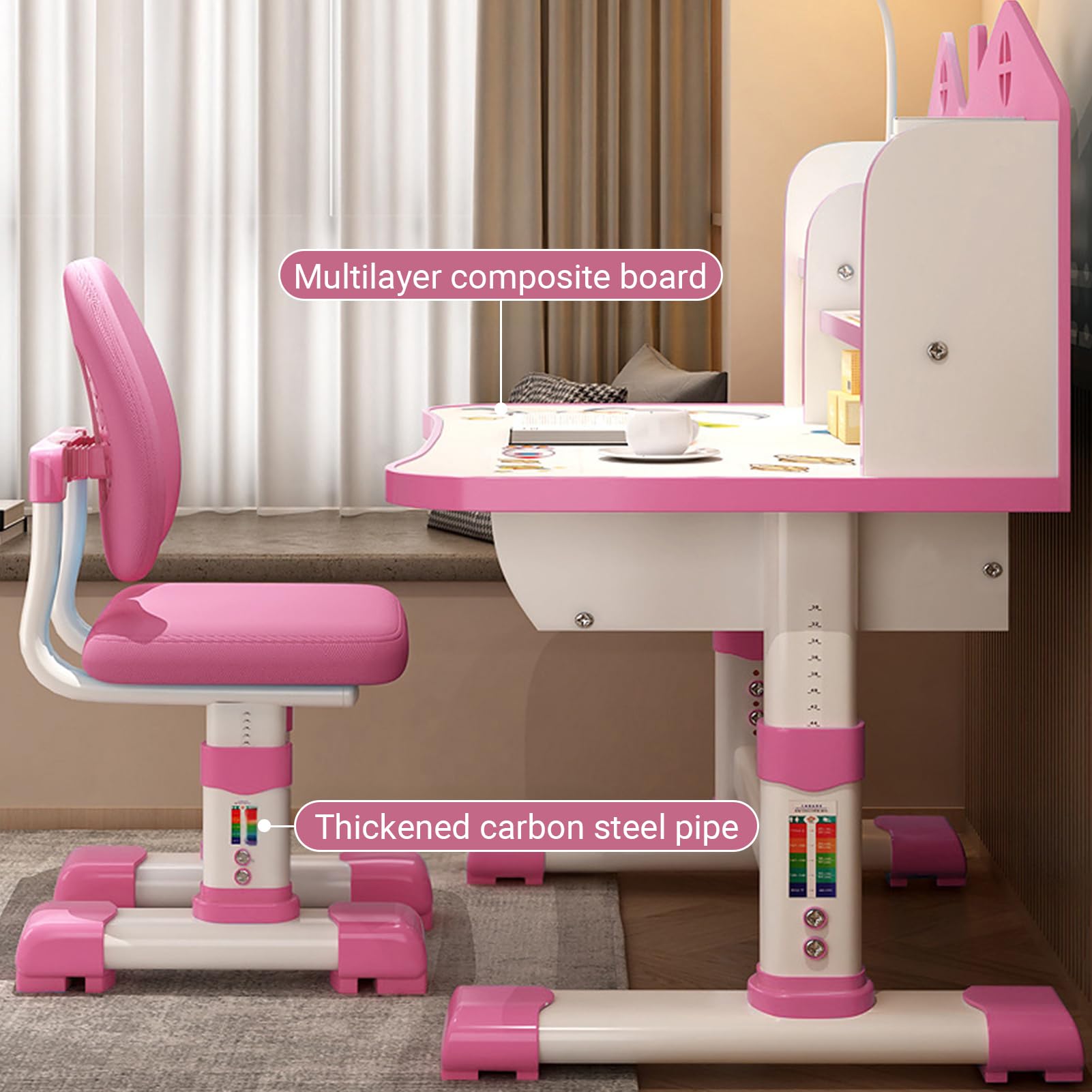 Adjustable Kids Study Desk and Chair Set - Pink Cartoon Pattern with Widened Desktop & Storage Drawer | Height-Adjustable Student Desk for Girls & Boys | Perfect for Homeschooling, Online Learning & Bedroom Study (Fast USA Shipping)