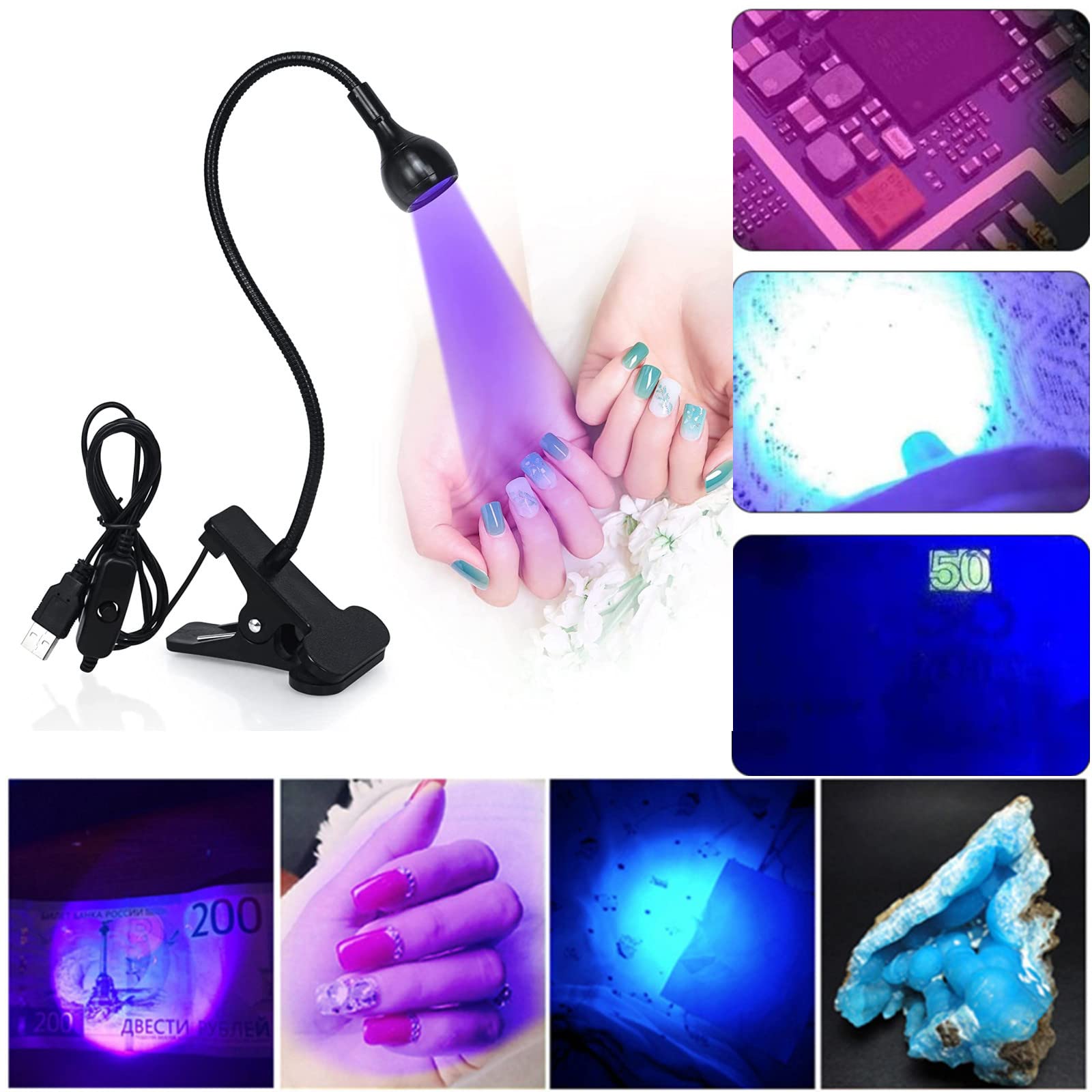 Professional UV LED Nail Lamp with Adjustable Gooseneck & Clamp - Portable 5V USB Gel Nail Dryer for Home, Salon, and Outdoor Stall Use - Black Round Head Design