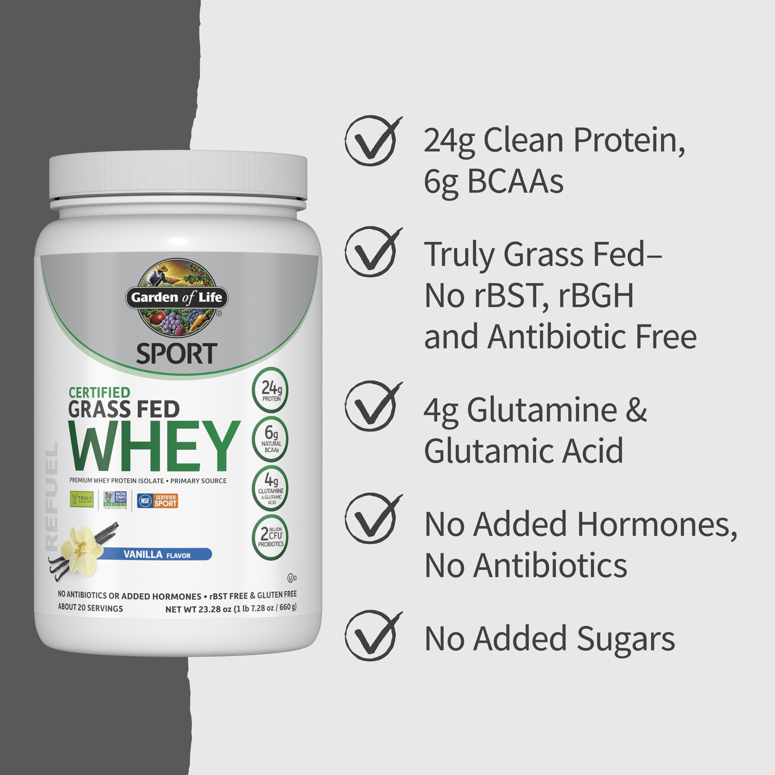 Garden Of Life Sport Whey Protein Powder - Grass Fed Vanilla Flavor, 23oz (652g) | Post-Workout Recovery & Muscle Building Supplement for Athletes