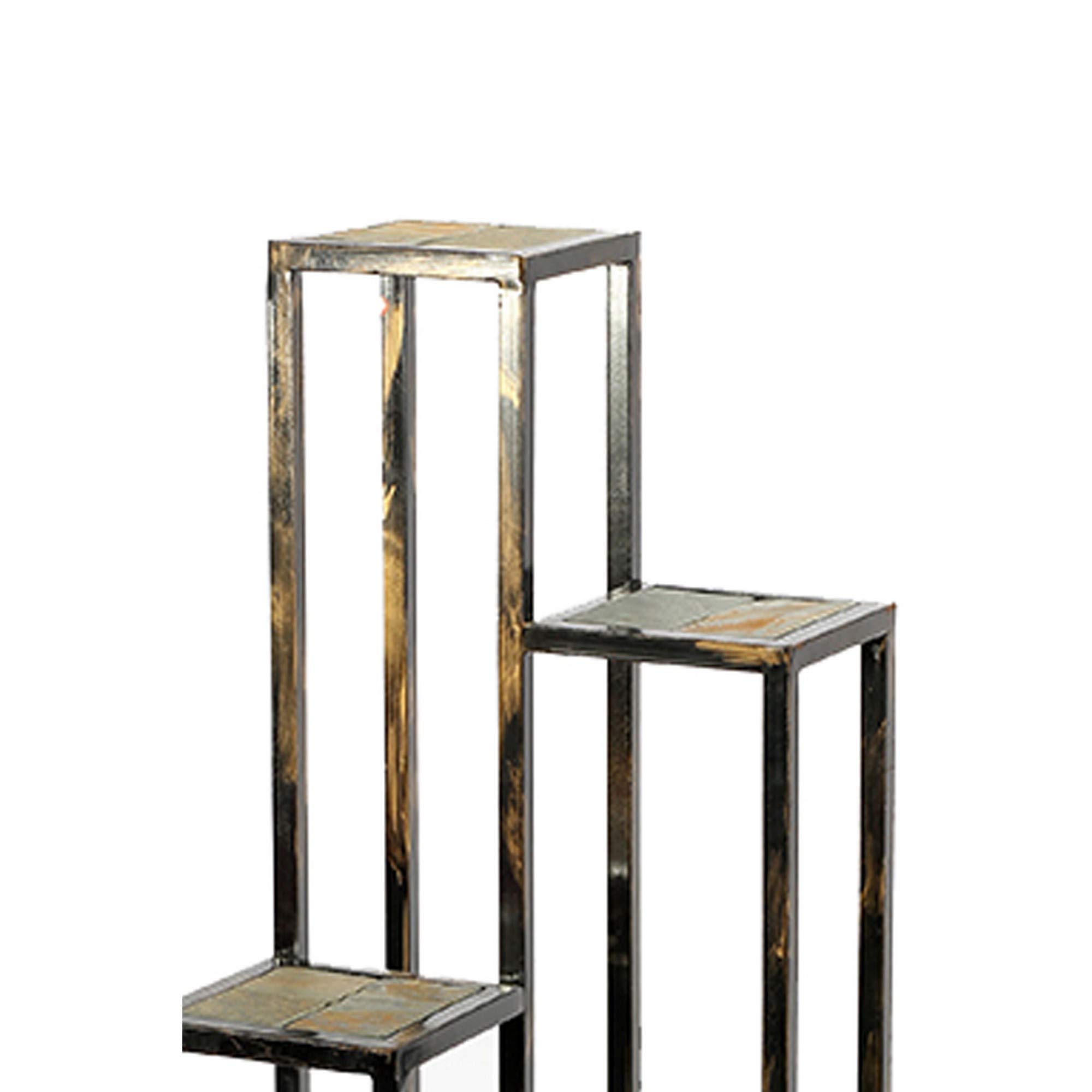 Benjara BM216737 4-Tier Cast Iron Plant Stand with Stone Topping - Black & Gold Decorative Shelf for Indoor/Outdoor Plants, Flowers, and Home Decor