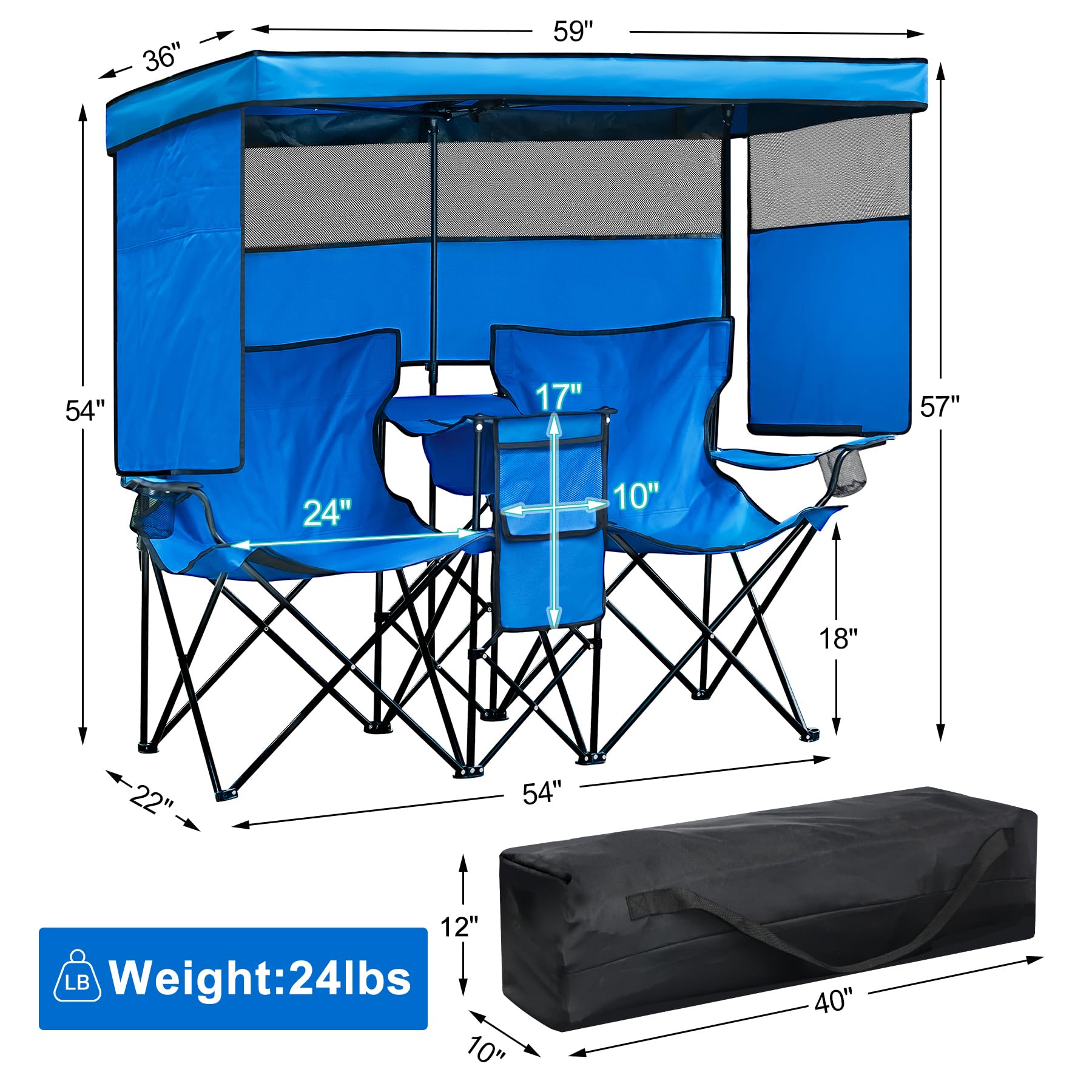 Double Camping Chair with Canopy Shade & Cup Holder - Portable Folding Loveseat with Cooler Bag for Beach, Sports, Lawn, Patio & Outdoor Activities - Perfect for Picnics, Camping Trips & Backyard Relaxation