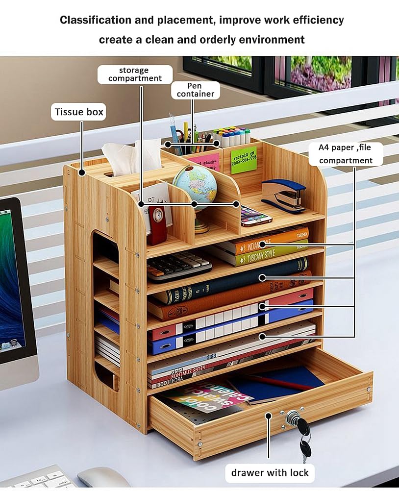 Multi-Layer A4 Paper File Organizer Shelf - Walnut Office Desktop Document Storage Rack for Files, Folders & Tissues | Perfect for Home, Office & Workspace Organization
