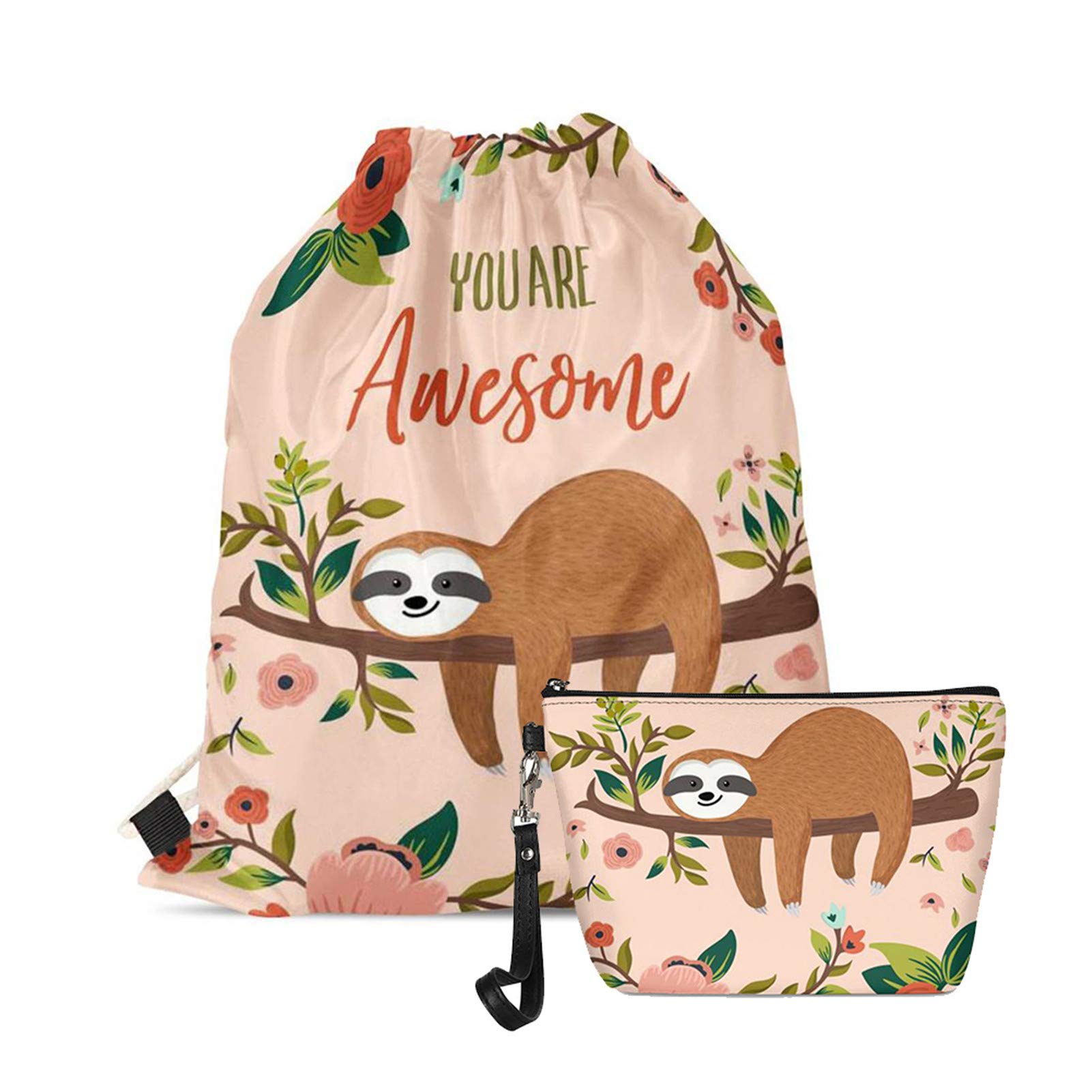 Brown Sloth Print Drawstring Backpack for Women & Girls - Cute Portable Cinch Sack for Travel, Beach, Gym, School | Handheld Cosmetic Bag & Gift Idea