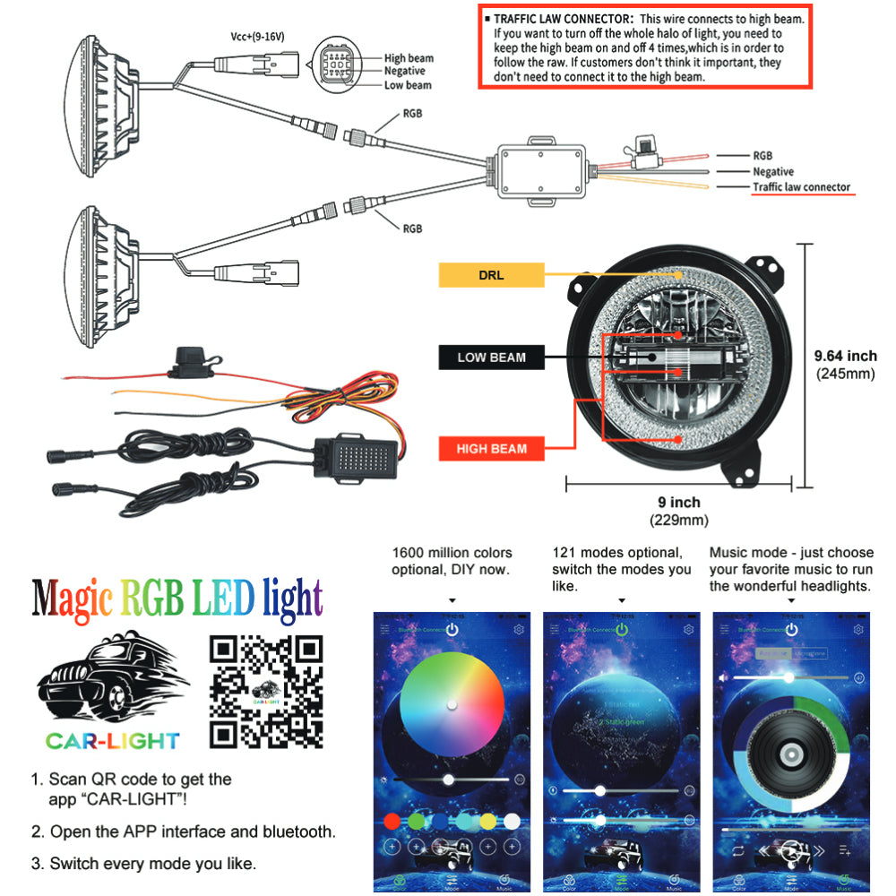 RGB 9-Inch LED Headlights for Jeep JL & JT - Diamond Cut Design, High Brightness, Waterproof - Perfect for Off-Roading, Night Driving & Custom Upgrades