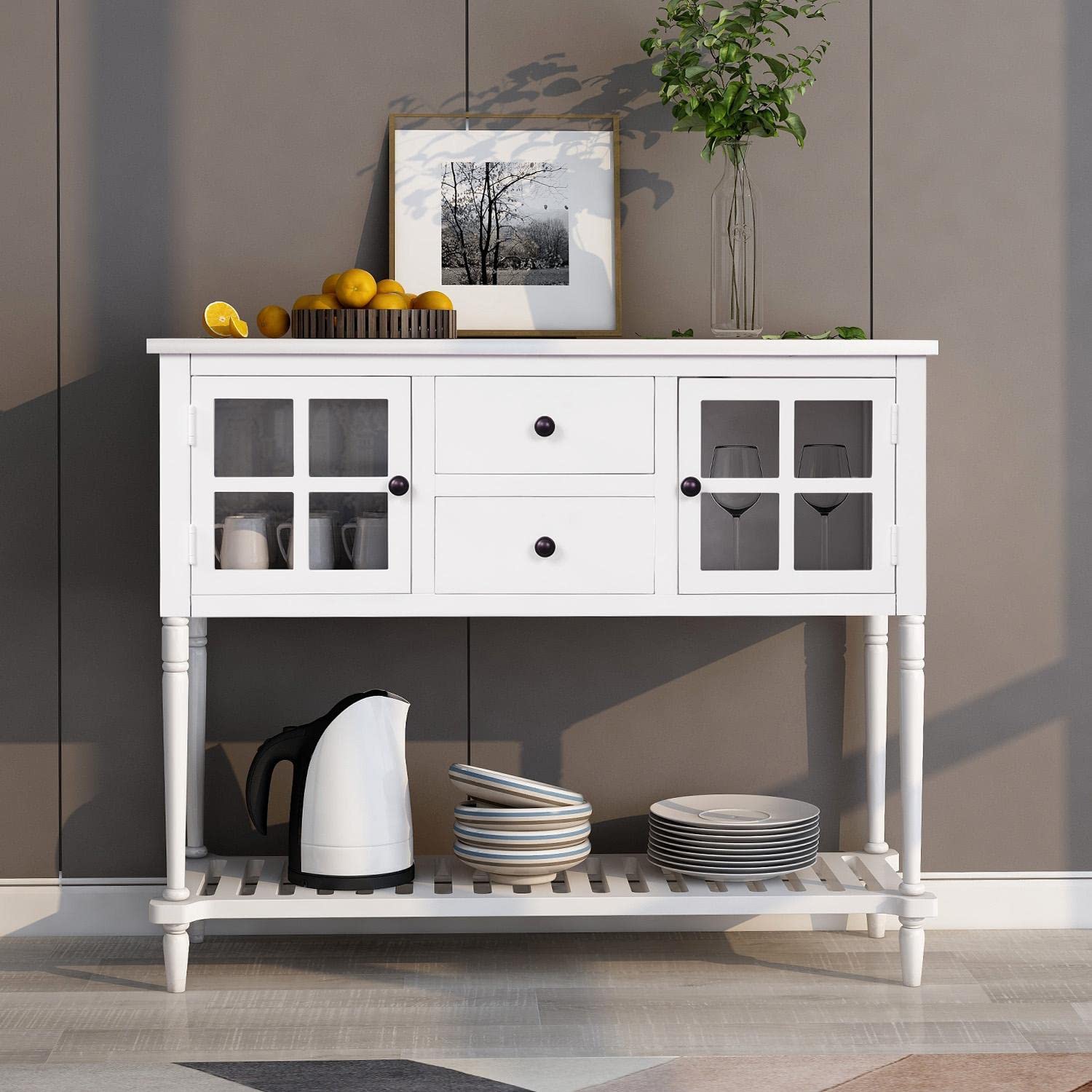 JINS&VICO Modern Sideboard Console Table with 2 Drawers & Bottom Shelf - Wood & Glass Storage Cabinet for Living Room, Entryway, or Dining Room - White