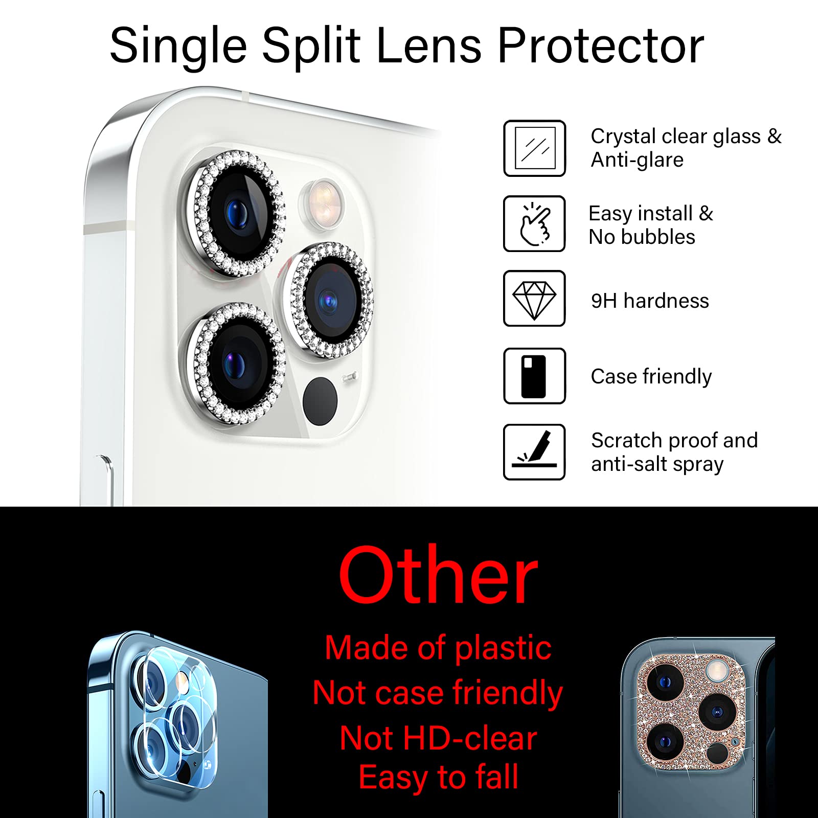 Xfilm iPhone 12 Pro Max Camera Lens Protector - 9H Hardness Scratchproof Cover with Bling Diamond Ring | Stylish Case-Friendly Phone Accessories | Perfect for Travel, Parties & Everyday Protection (Compatible with iPhone 12 Pro Max)