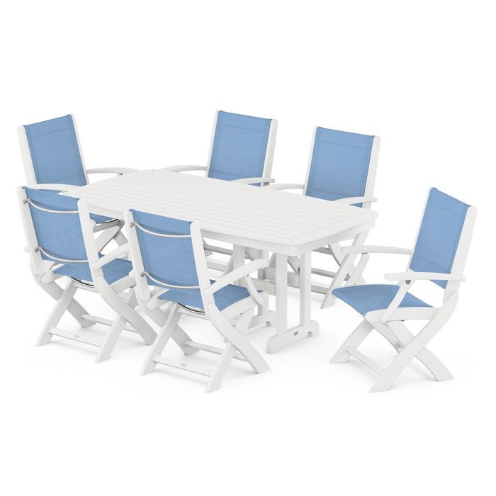 POLYWOOD Coastal Folding Arm Chair 7-Piece Outdoor Dining Set - Perfect for Patio, Deck, Poolside & Beachfront Entertaining