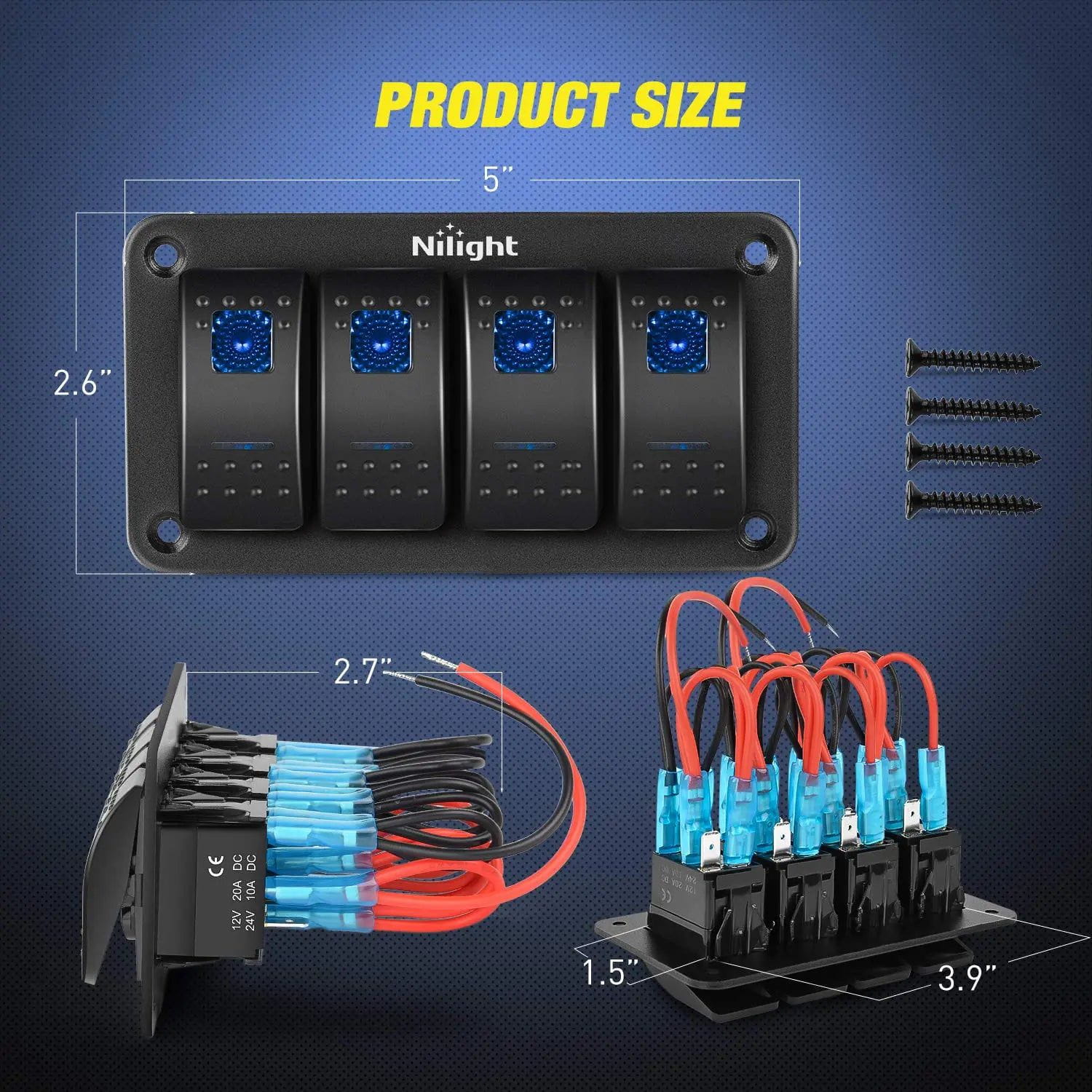4 Gang Aluminum 5 Pin ON/Off Blue Rocker Switch Panel - Heavy Duty Marine & Automotive Use for Boats, RVs, Trucks