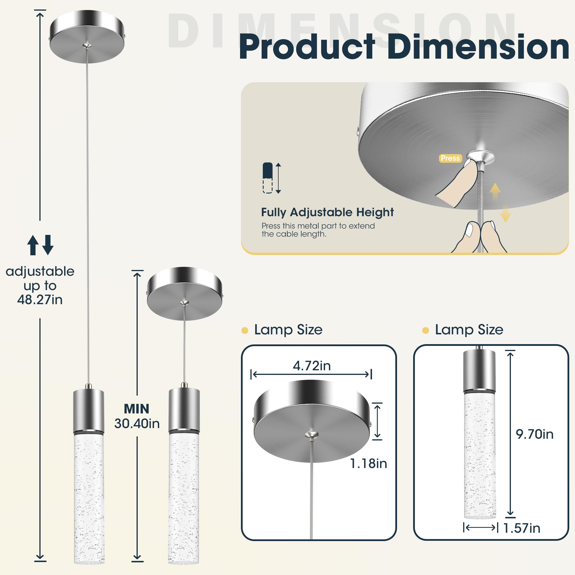 Modern Crystal Bubble Glass LED Pendant Lights for Kitchen Island - 6500K Bright White, Brushed Nickel Hanging Light Fixture (1 Pack) - Perfect for Dining Room, Bar Counter & Home Decor Lighting