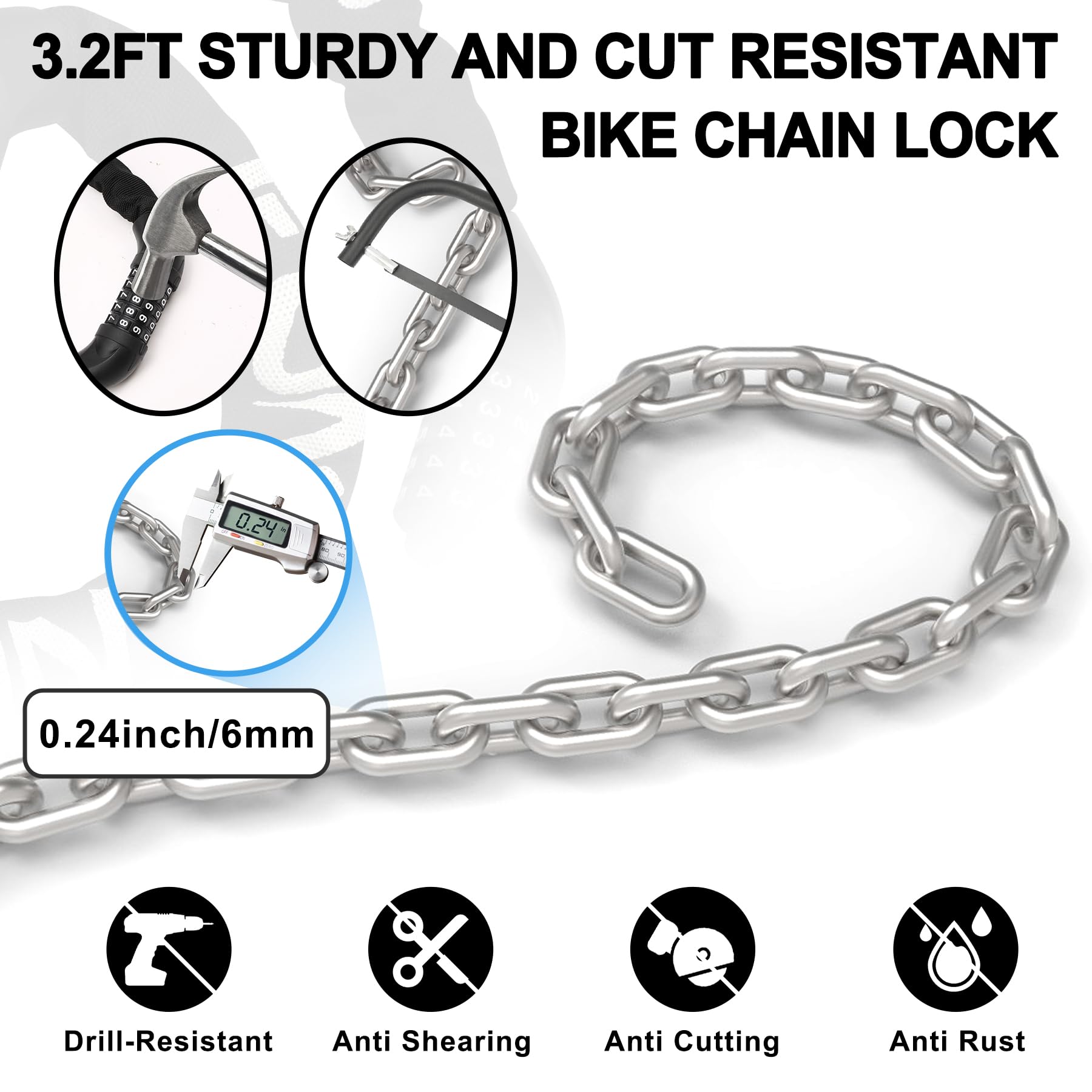 Heavy Duty 6mm Thick Bike Chain Lock - 3.2FT Keyless Anti-Theft Bicycle Lock with 5-Digit Resettable Combination for Bikes, E-Bikes, Electric Scooters & Motorcycles | Secure Your Bike, Door, Fence & Gate | Perfect for Urban Commuting & Outdoor Storage