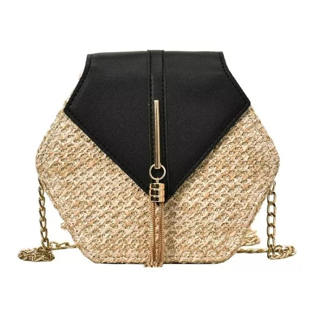 Stylish Black Rattan Crossbody Bag for Women - Handmade Woven Hexagon Shoulder Purse (21x19x6cm) - Perfect for Summer, Beach, and Casual Outings