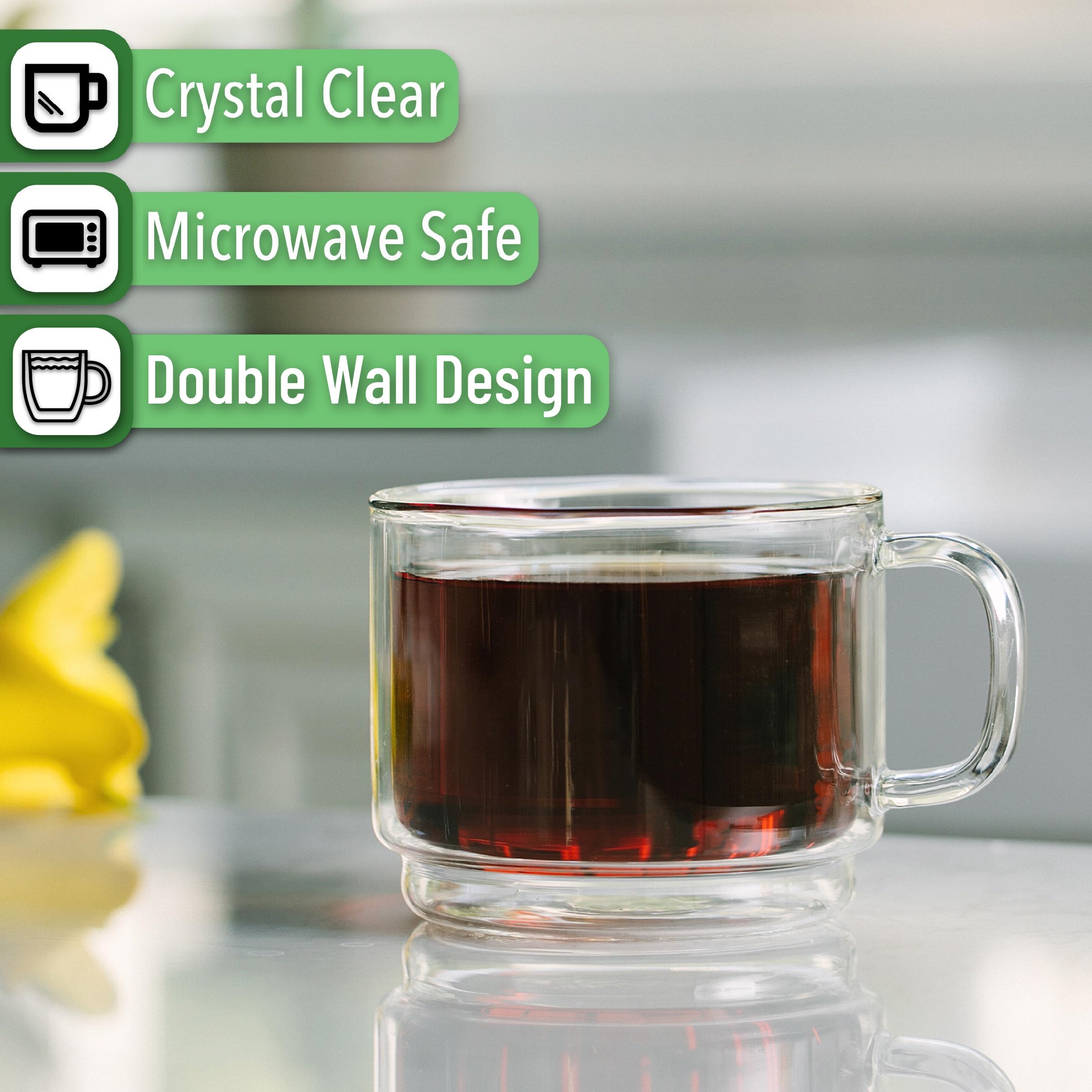 BTaT Stackable Insulated Coffee Mugs - Set of 4 (16oz/500ml) Double Wall Glass Cups for Coffee, Tea & Latte - Clear Glass Coffee Mugs for Home, Office & Travel - Perfect for Hot & Cold Beverages