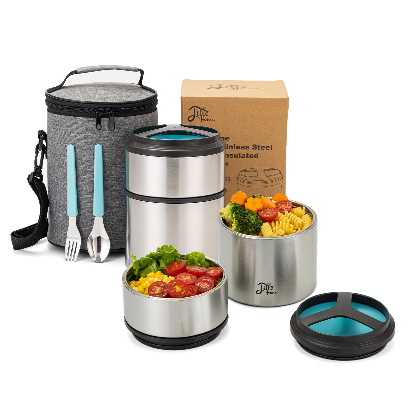 Lille Home 1500ml Stainless Steel Vacuum Insulated Food Thermos - Stackable 2-Tier Lunch/Snack Container for Office, School & Travel (Blue)