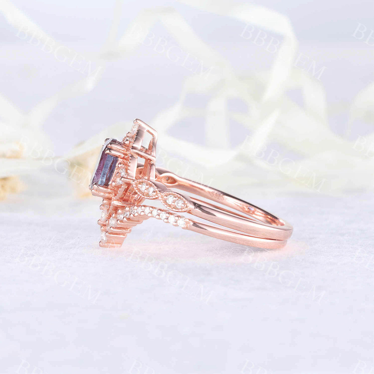 Rose Gold Alexandrite Bridal Ring Set with Oval Cut 6x8mm Diamond & V-Shape Matching Band - Milgrain Filigree Engagement Ring for Women | Perfect for Proposals, Weddings & Anniversary Gifts