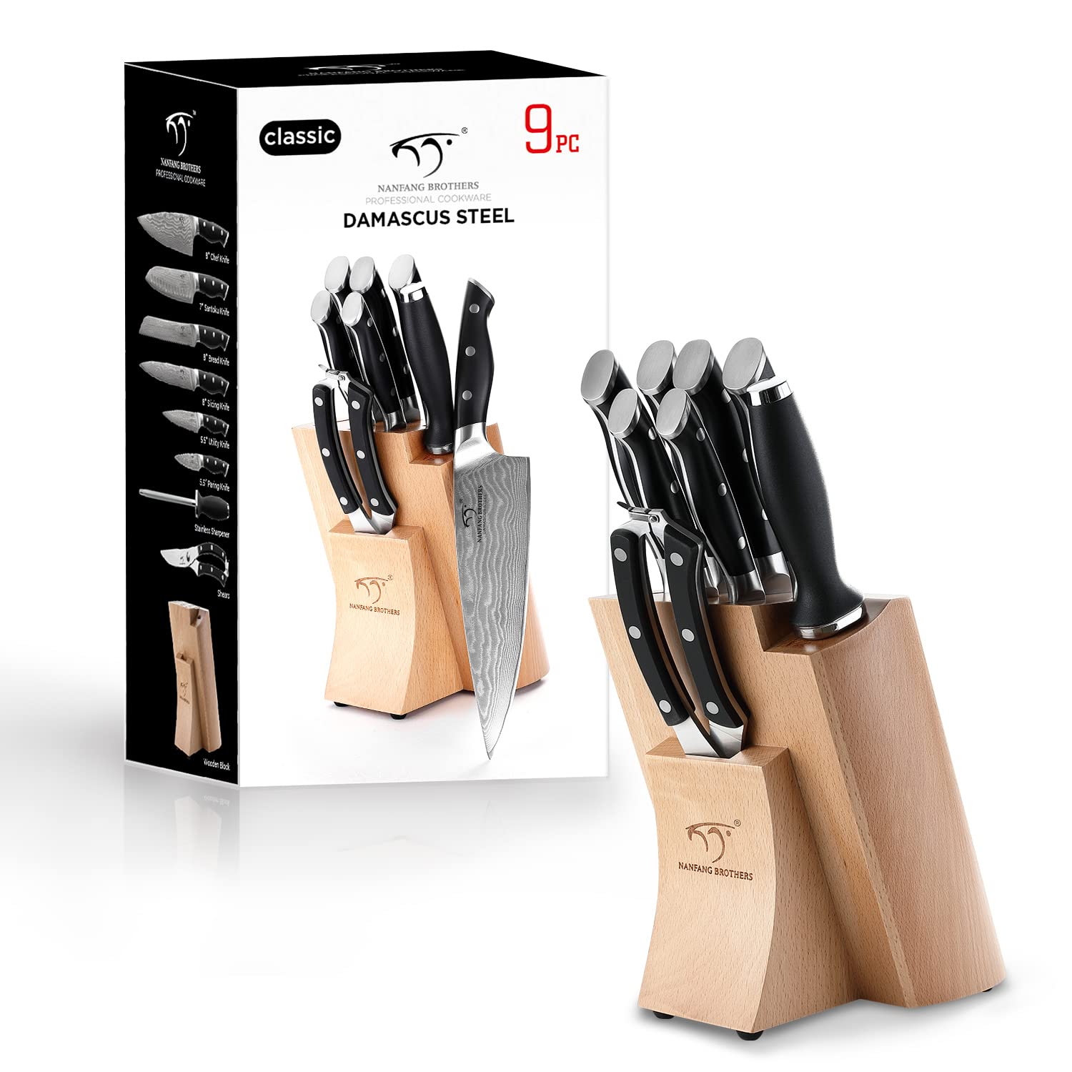 Premium 9-Piece Damascus Steel Knife Set with Block - Chef Knives, Sharpener & Kitchen Shears - Ergonomic ABS Handles - Perfect for Home Chefs & Professional Kitchens - Ideal for Slicing, Dicing & Food Prep