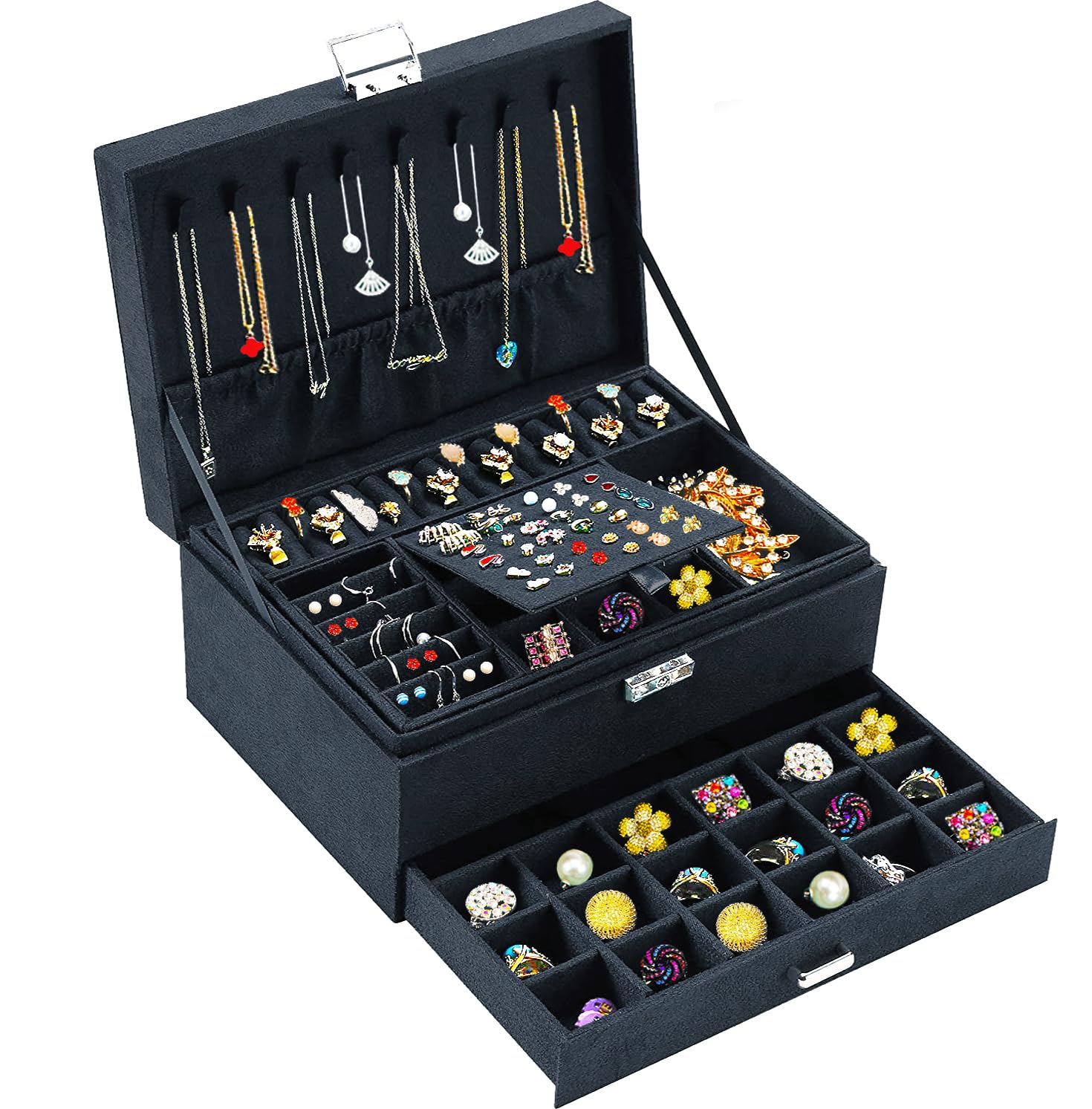 Black Velvet Jewelry Box with Lock for Women - Elegant Jewelry Organizer for Necklaces, Earrings, Rings & Bracelets | Perfect for Travel, Gift Giving & Bedroom Storage